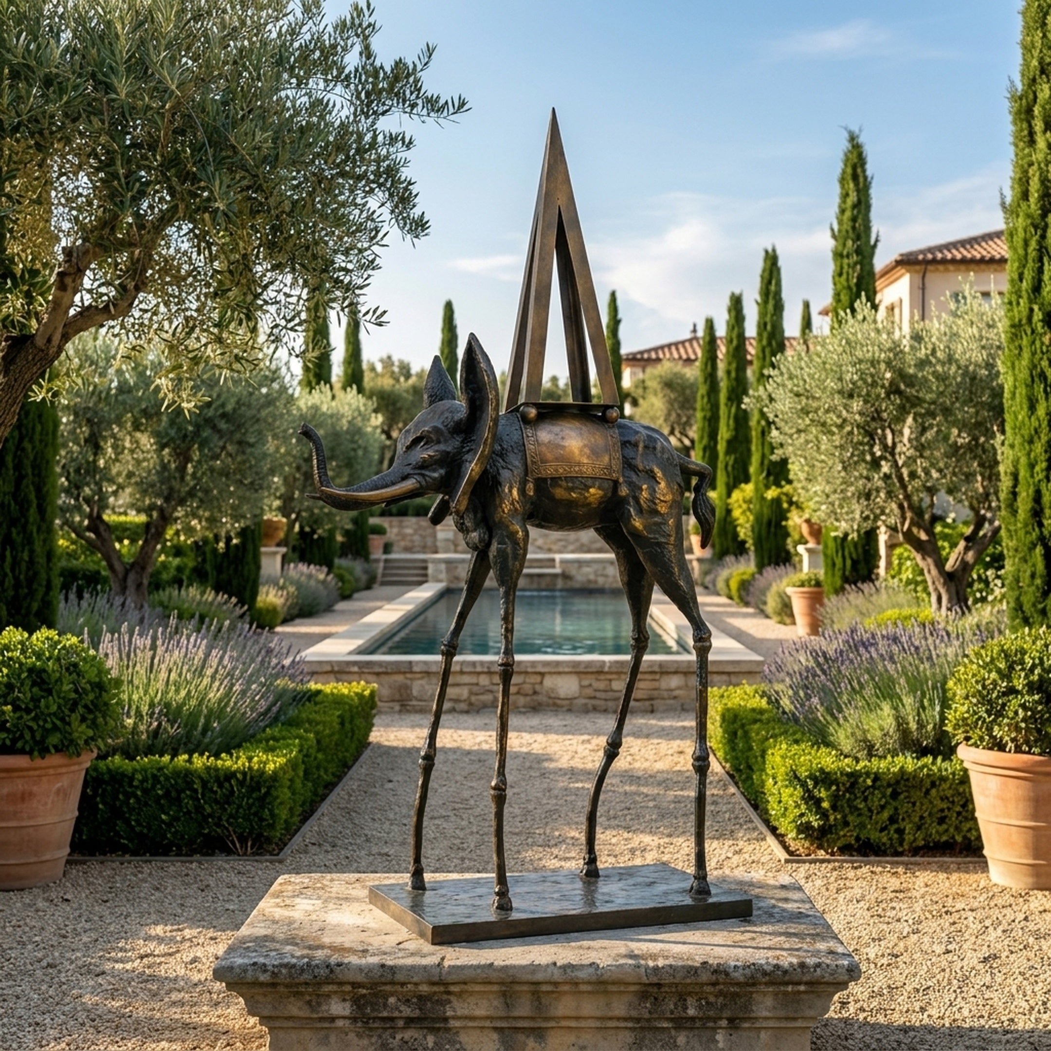 Monumental Contemporary Surrealist Elephant Bronze Sculpture by Giant Sculptures on a stone plinth in a Mediterranean garden with cypress trees and pool.