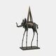 Monumental Contemporary Surrealist Elephant Bronze Sculpture by Giant Sculptures, with elongated spindly legs, raised trunk, and tall triangular obelisk on its back.