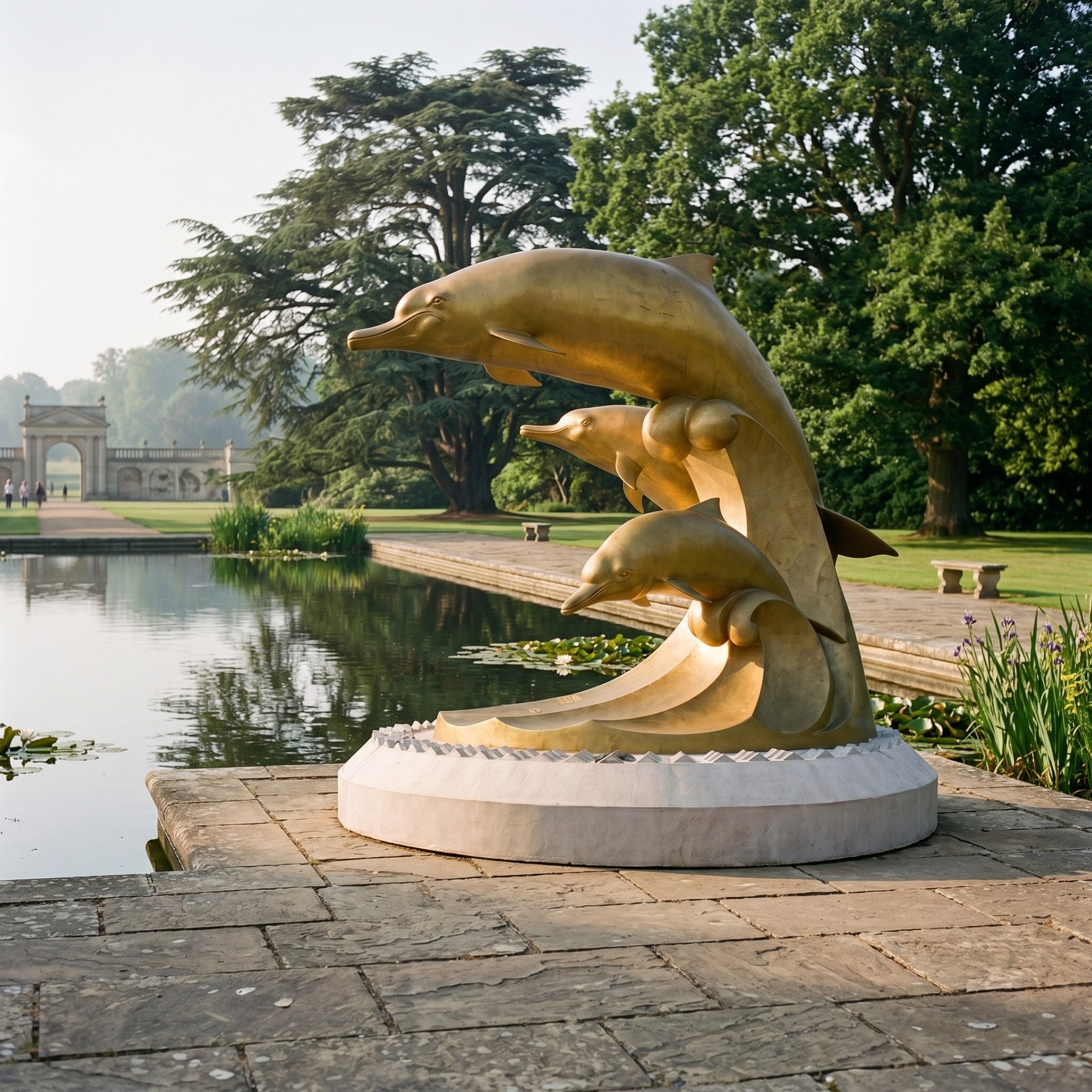 Monumental Contemporary Three Dolphins Bronze Sculpture by Giant Sculptures in polished gold, three dolphins rising on a wave on a circular stone plinth beside a garden pond.