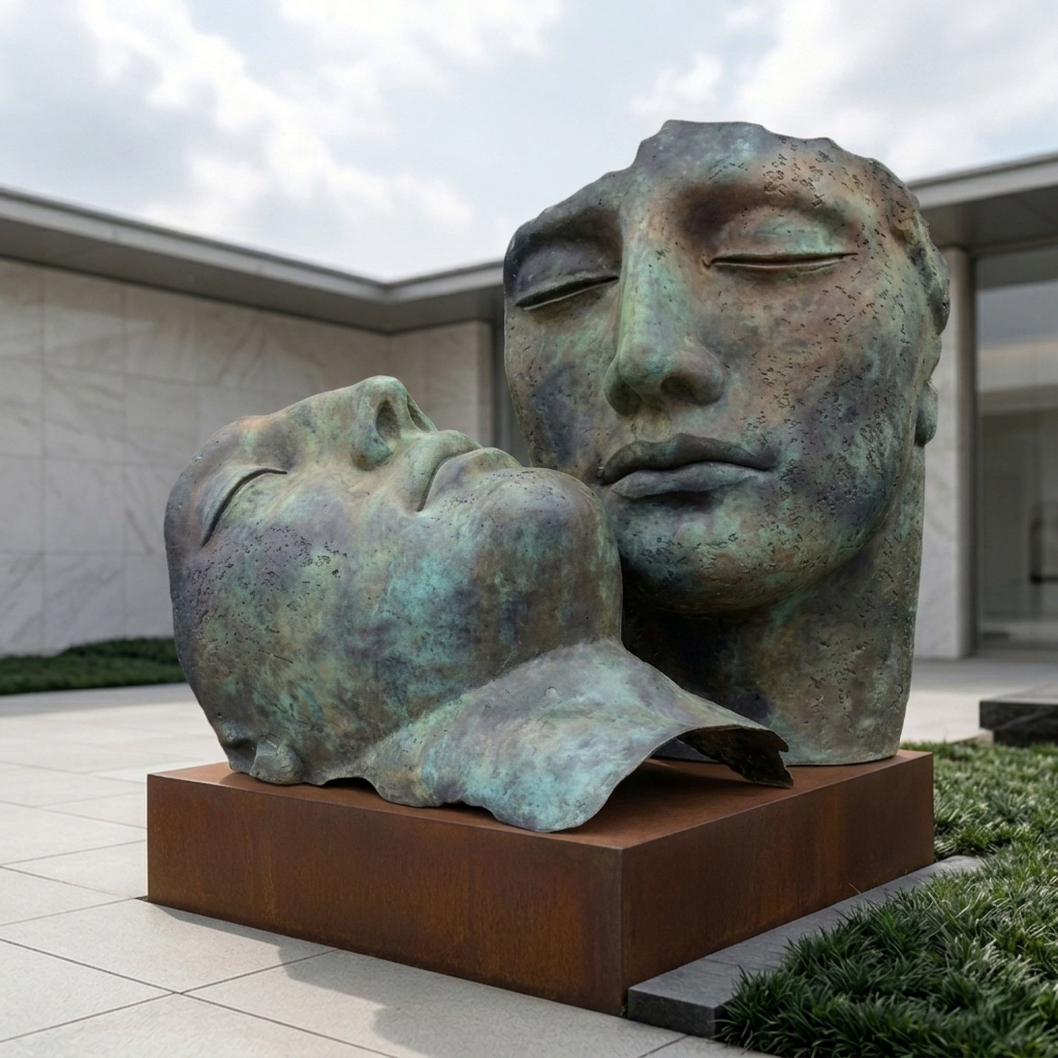 Monumental Contemporary Two Faces Bronze Sculpture by Giant Sculptures, 180cm, verdigris patina, on a corten-steel plinth in a paved courtyard.