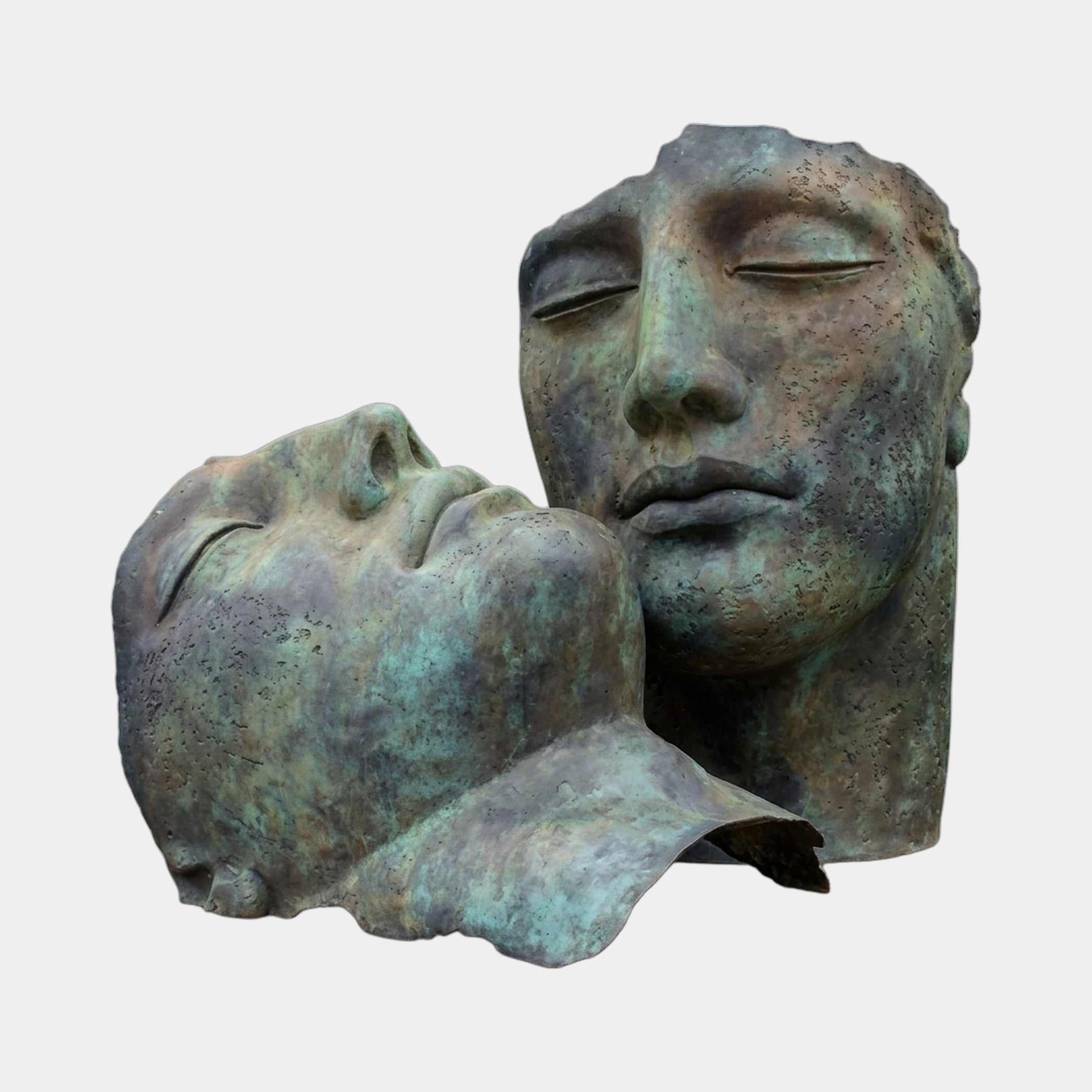 Giant Sculptures Monumental Contemporary Two Faces Bronze Sculpture with green verdigris patina, one upright closed-eyed face and a reclining face resting against it.