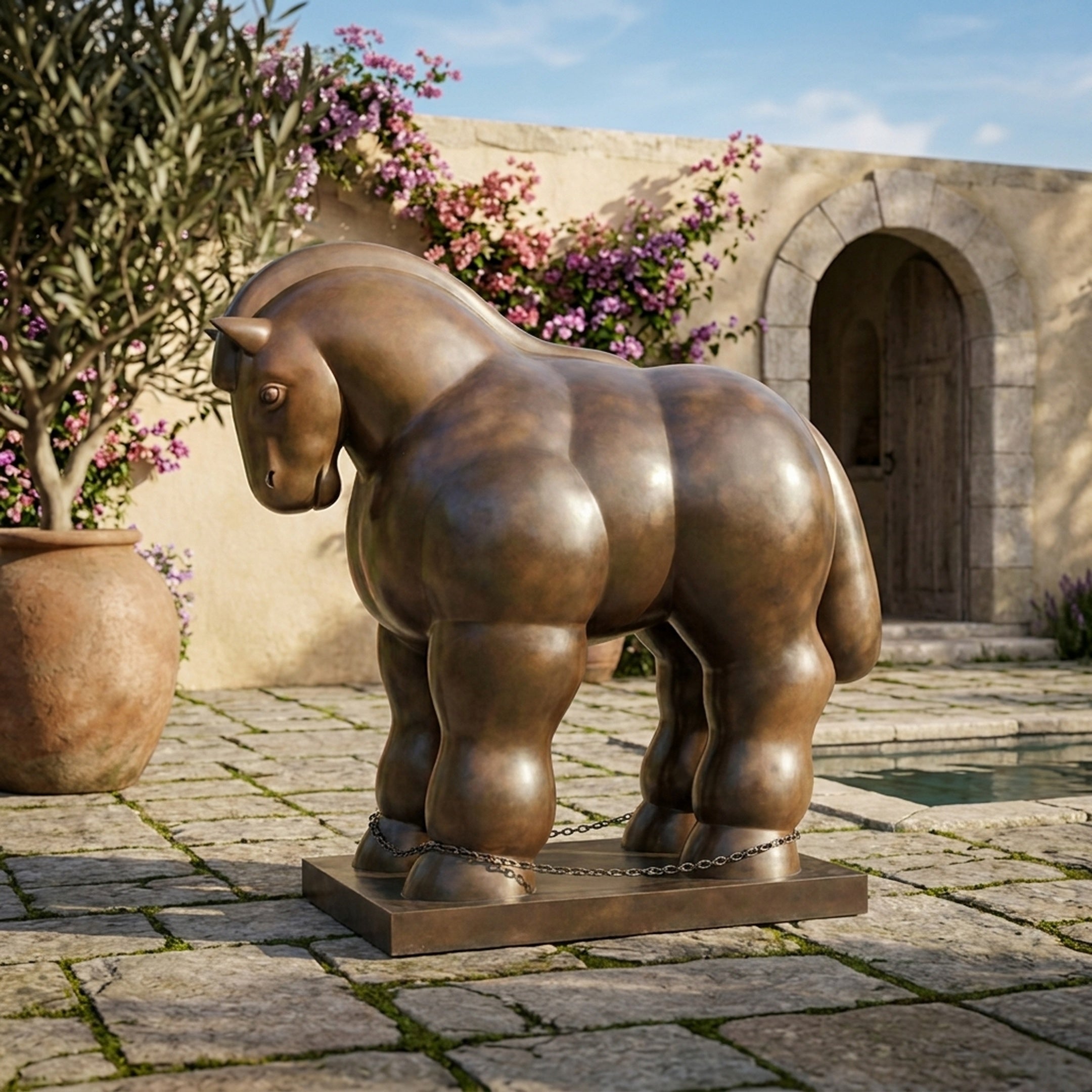Monumental Contemporary Voluminous Horse Bronze Sculpture by Giant Sculptures, warm brown patina, shown from the rear three-quarter angle in a Mediterranean courtyard.