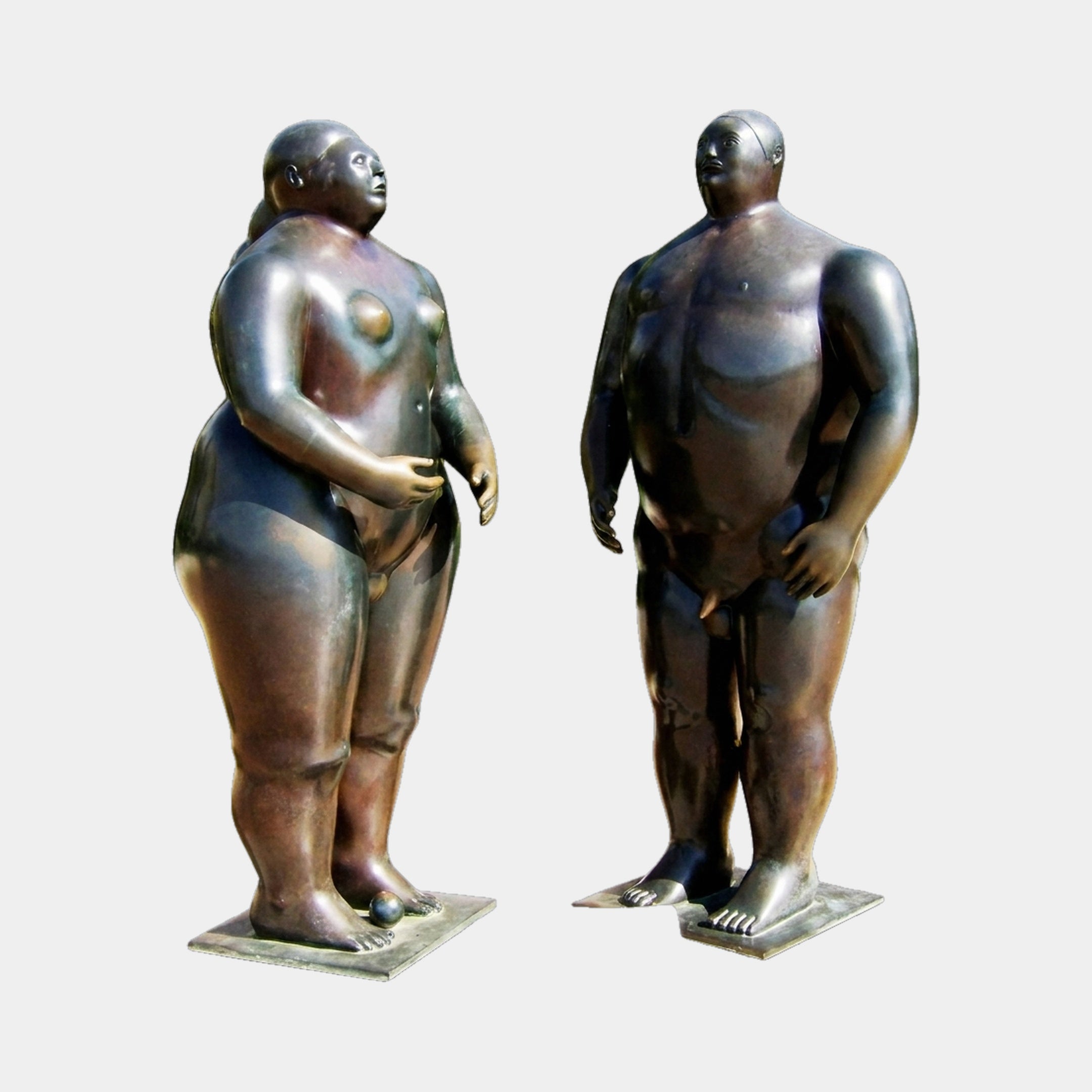 Monumental Contemporary Voluminous Nude Couple Bronze Sculpture by Giant Sculptures, 300cm dark brown patinated figures facing each other on square bases.