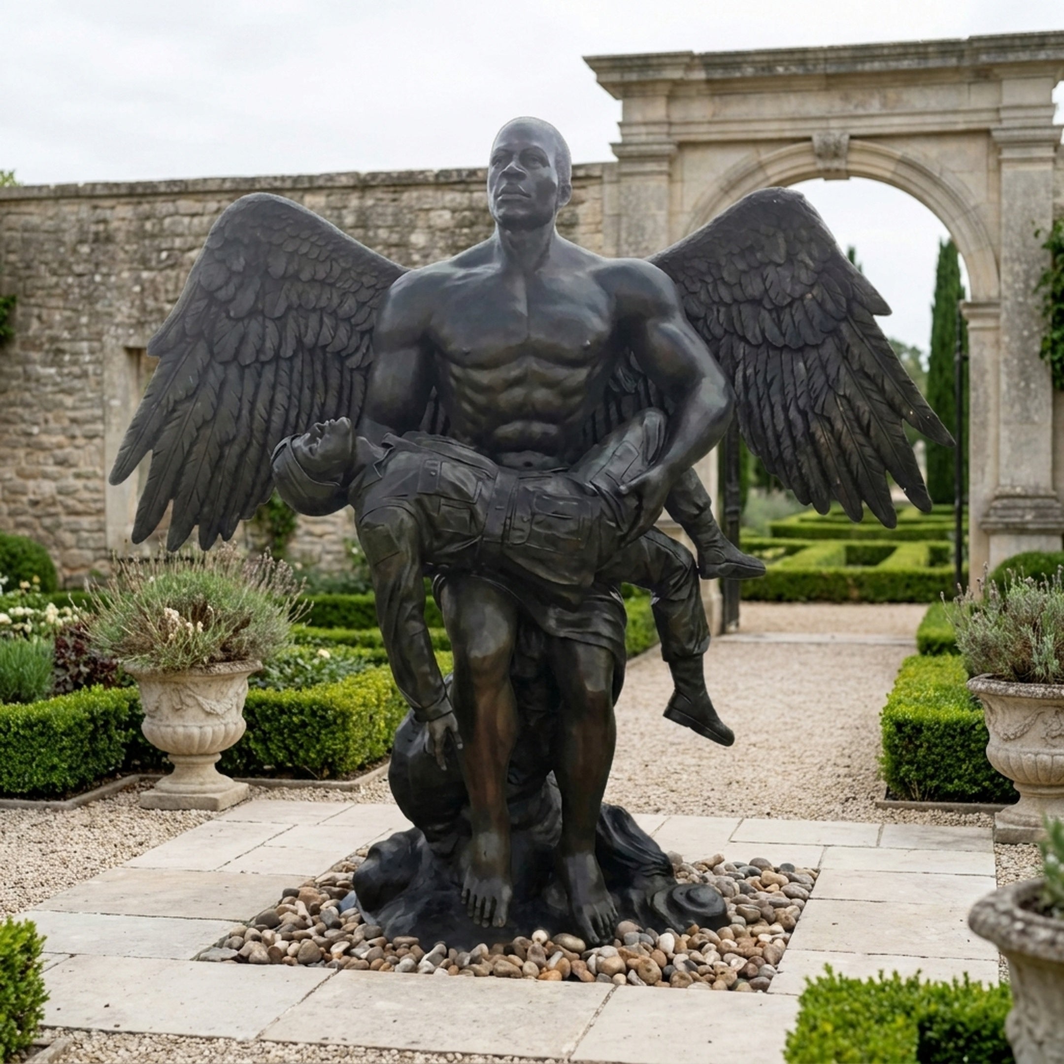 Monumental Contemporary Winged Angel Bronze Sculpture by Giant Sculptures, dark patina winged figure cradling a fallen soldier, set on gravel in a formal garden.