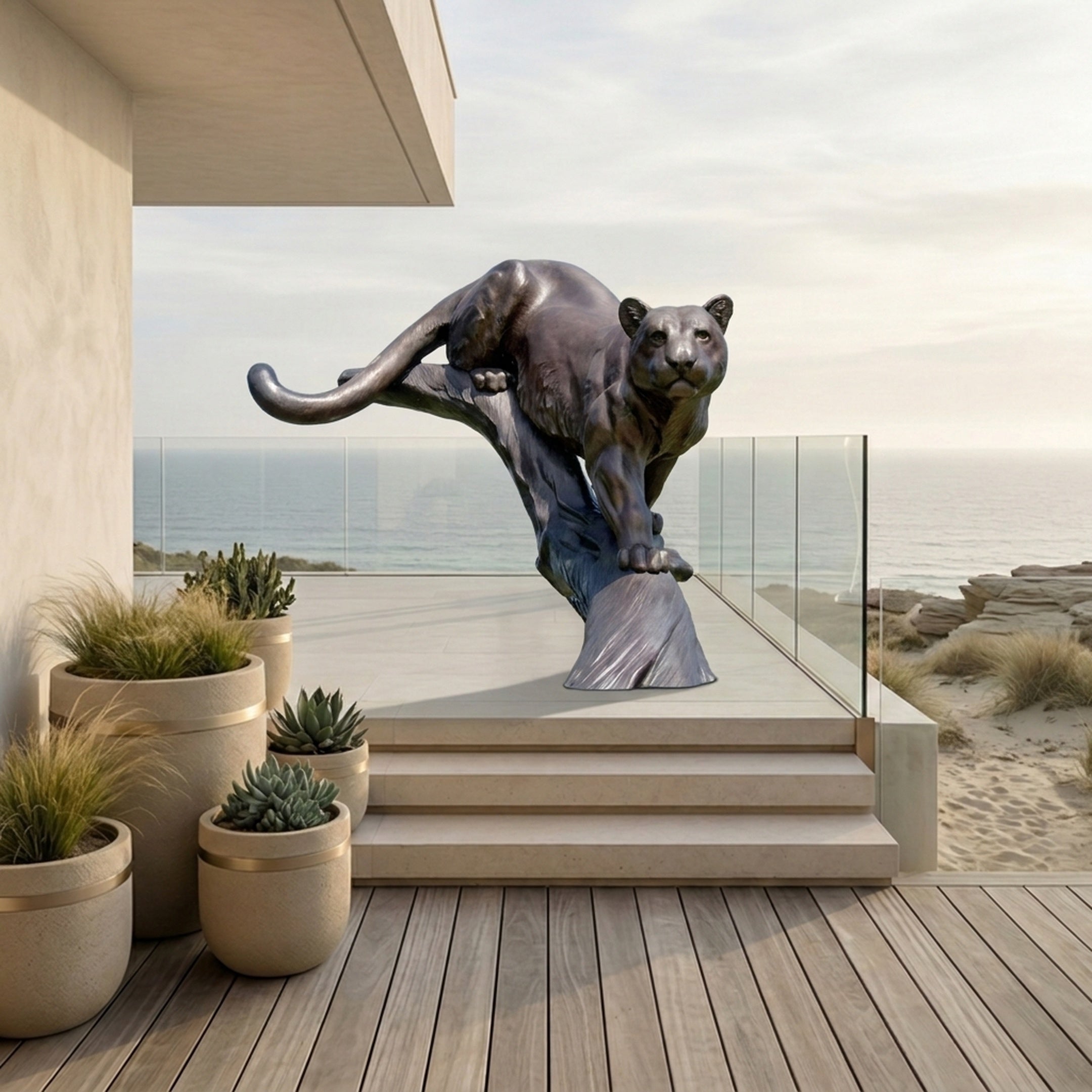 Monumental Crouching Cougar Bronze Sculpture by Giant Sculptures in dark patina on a tree stump base, displayed on a coastal terrace beside potted succulents.