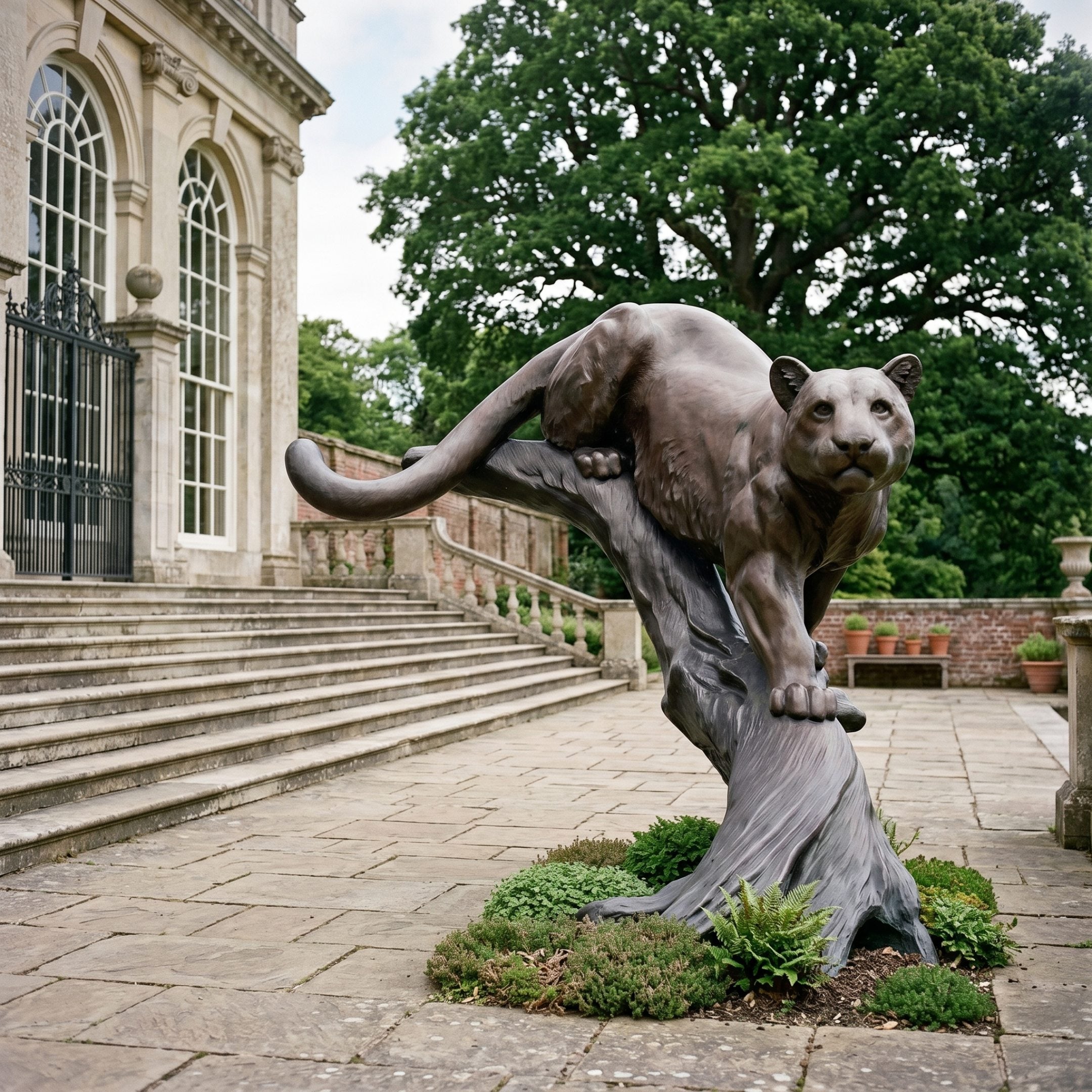 Giant Sculptures Monumental Crouching Cougar Bronze Sculpture, 320cm, poised on a tree stump base with dark patina, set on a stone terrace beside a mansion staircase.