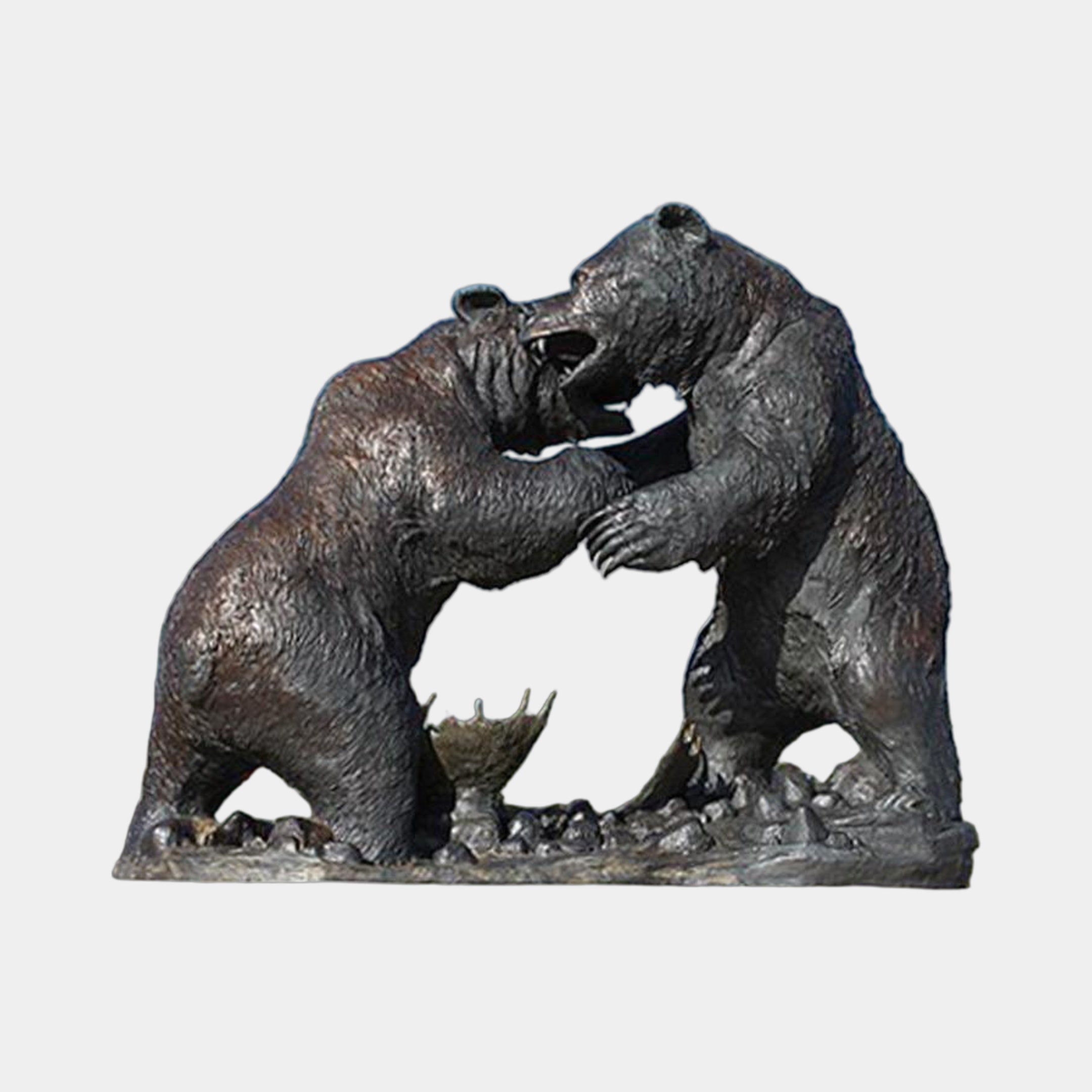 Monumental Fighting Bears Bronze Sculpture by Giant Sculptures, two bears rearing on hind legs with claws raised on a rocky base, dark patina, plain background.
