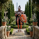 Monumental Heraldic Armoured Knight Bronze Sculpture by Giant Sculptures, plumed helm and U-emblem shield, displayed in a formal cypress garden.