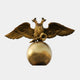 Monumental Heraldic Double-Headed Eagle Bronze Sculpture, 240cm, crowned heads and outstretched wings with a lion shield, talons gripping a bronze orb base, on a plain white background.