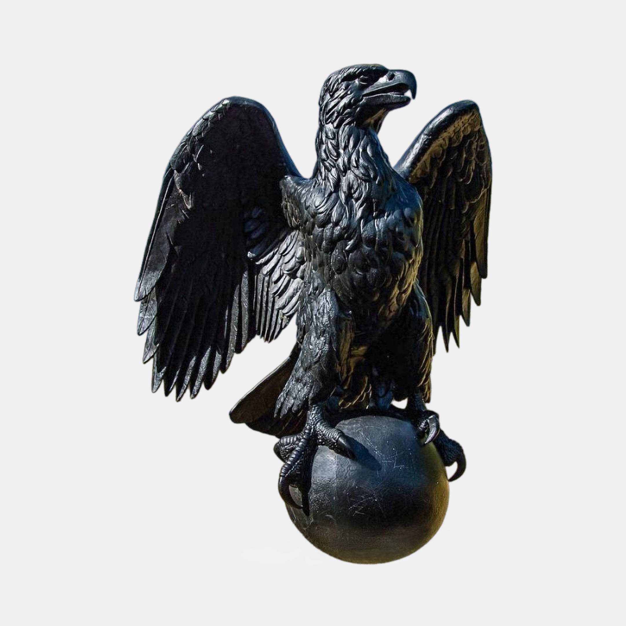 Monumental Heraldic Eagle Bronze Sculpture by Giant Sculptures, 260cm, wings spread with talons gripping a bronze orb, dark patina finish on a plain background.