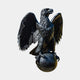 Monumental Heraldic Eagle Bronze Sculpture by Giant Sculptures, 260cm, wings spread with talons gripping a bronze orb, dark patina finish on a plain background.