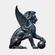 Giant Sculptures Monumental Heraldic Winged Lion Bronze Sculpture 190cm in dark patina, seated profile with raised wings and one paw on a smooth orb, plain background.