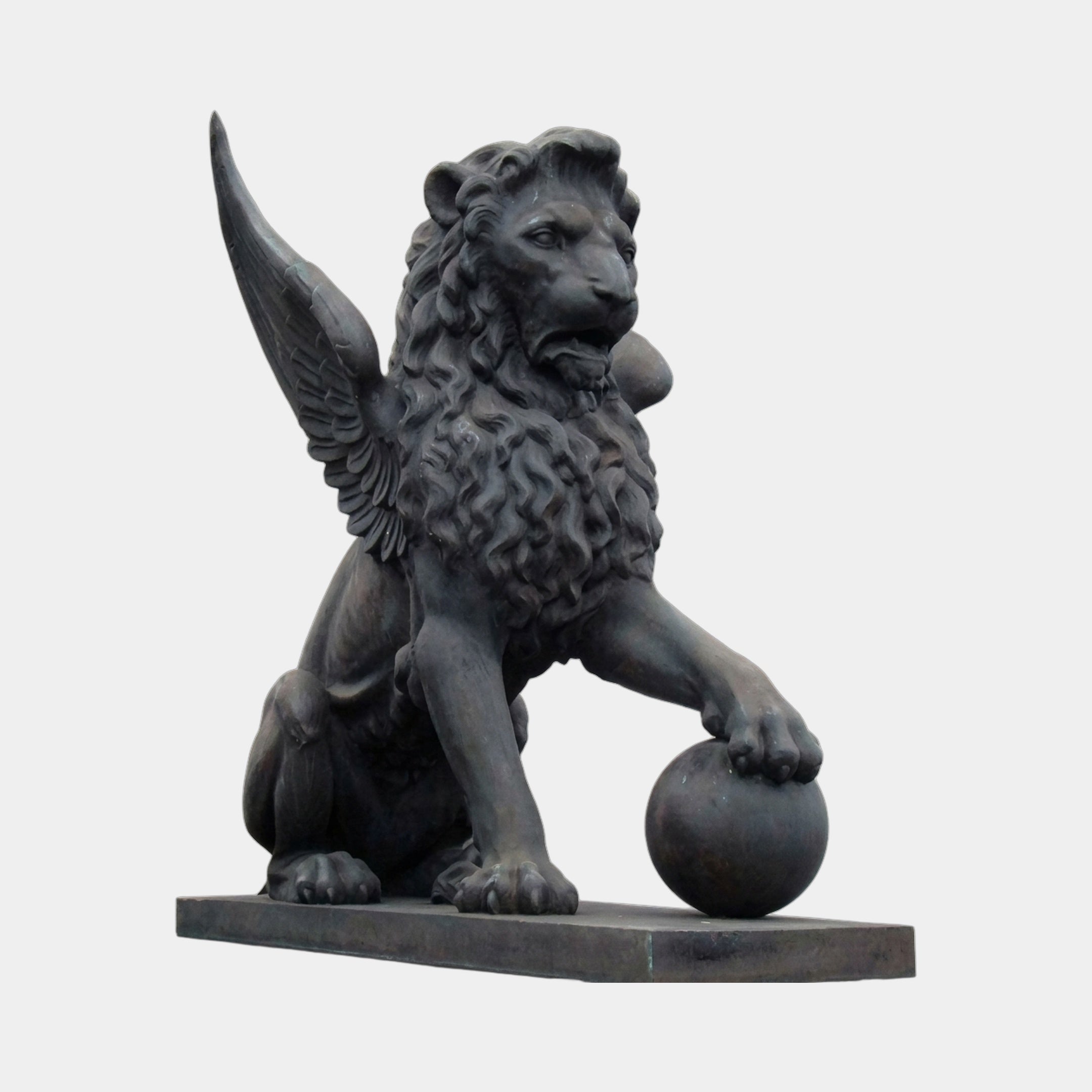 Monumental Heraldic Winged Lion Bronze Sculpture by Giant Sculptures, seated with wings raised and one paw on a sphere, dark patina finish on a rectangular base.