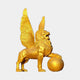 Monumental Heraldic Winged Lion Bronze Sculpture by Giant Sculptures in gold finish, roaring with raised wings and right paw resting on a globe, side view.
