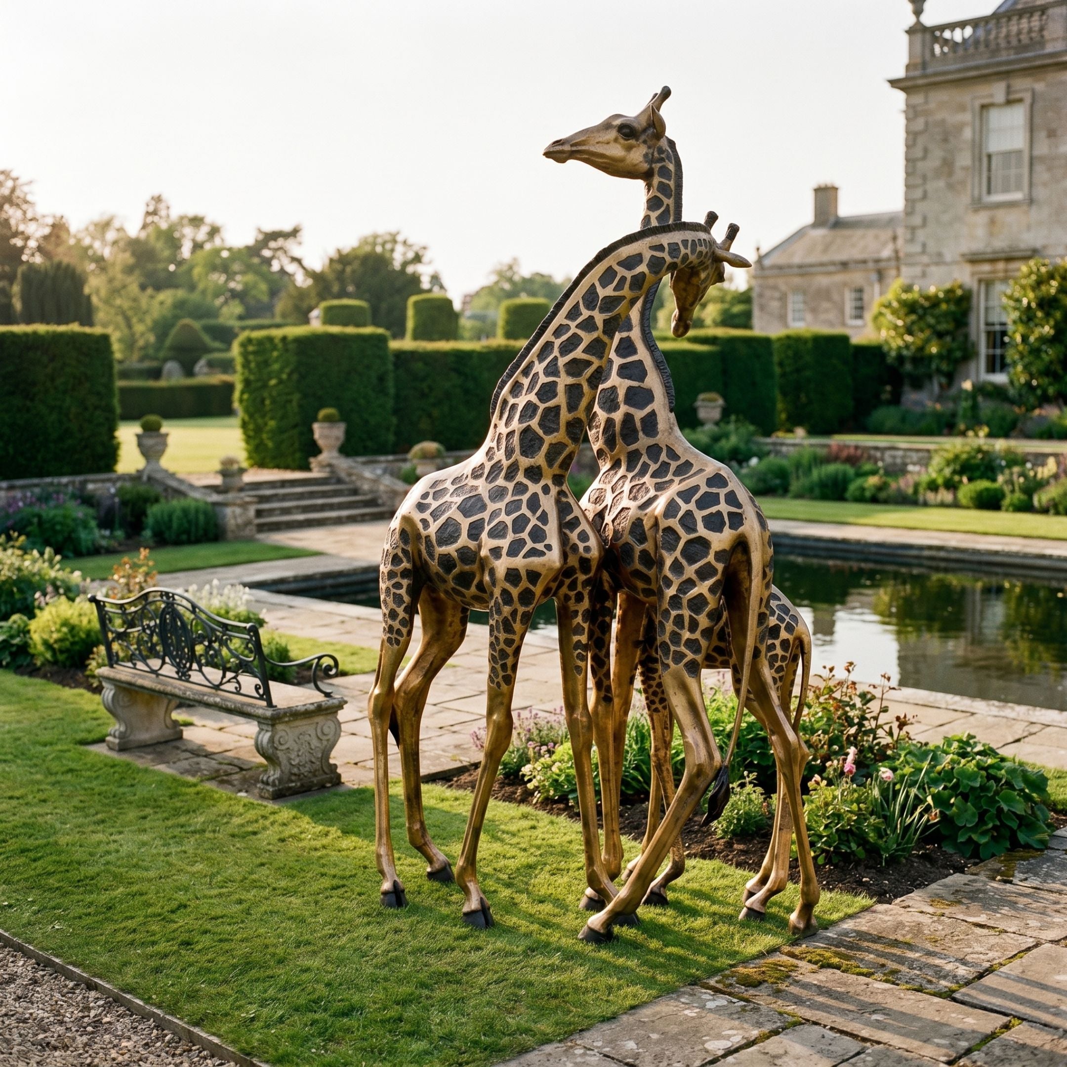 Monumental Intertwined Giraffes Bronze Sculpture by Giant Sculptures with two-tone golden and black patina, displayed on a manor garden lawn beside a pond and bench.