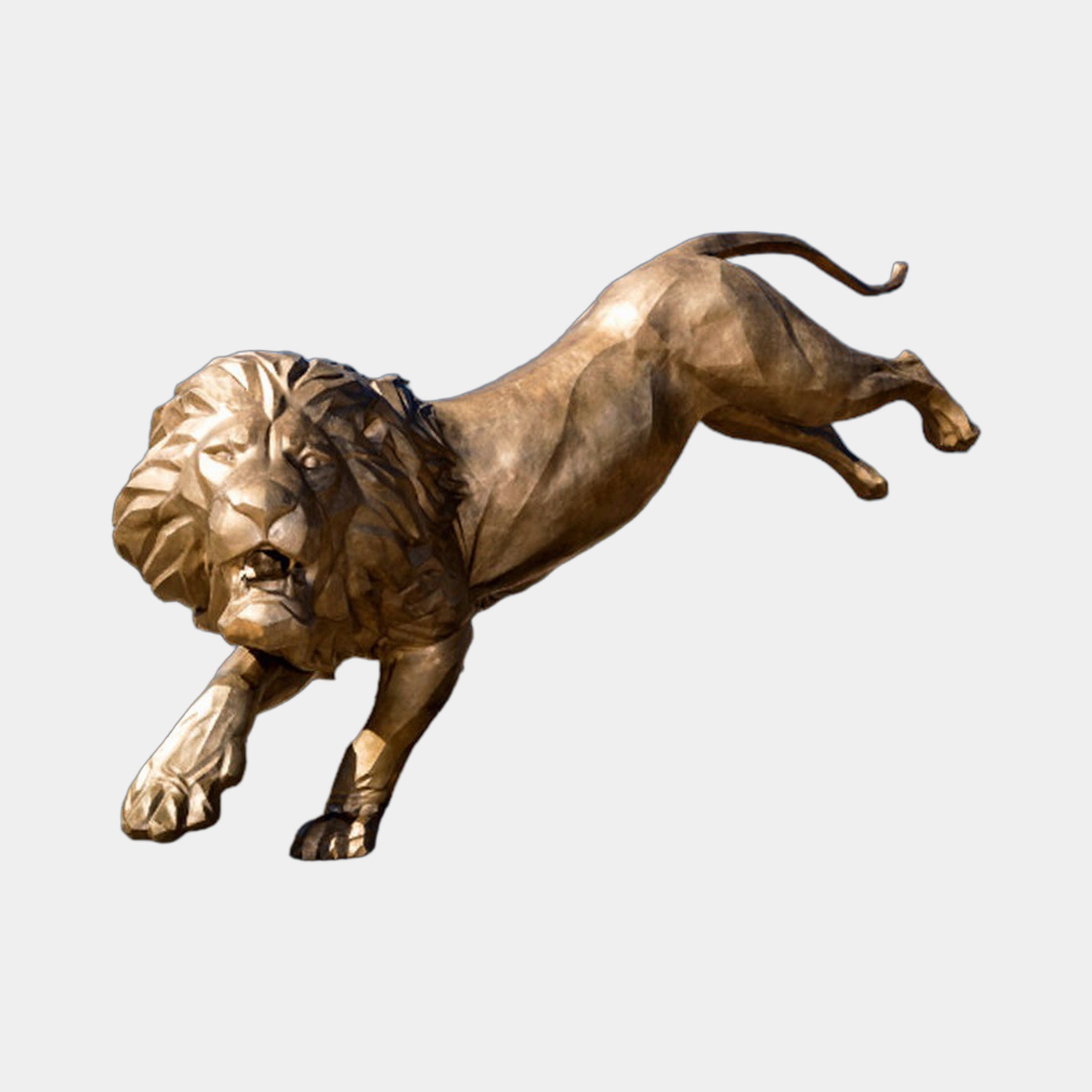 Monumental Leaping Lion Bronze Sculpture by Giant Sculptures, 320cm cast bronze in warm golden-brown patina, shown mid-pounce with open jaws and faceted mane against a plain background.