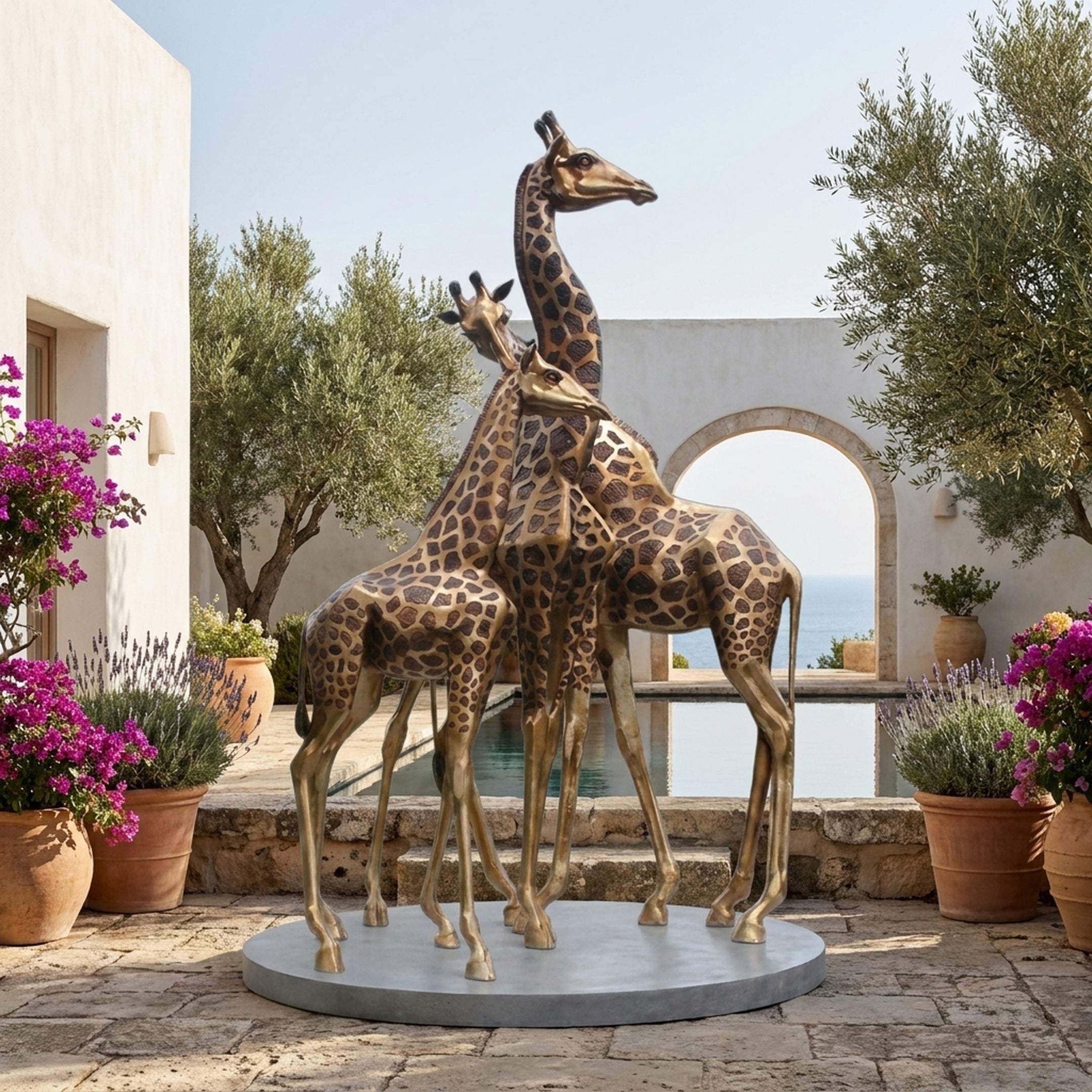 Monumental Life-Size Giraffe Herd Bronze Sculpture by Giant Sculptures on a circular plinth in a Mediterranean courtyard with olive trees and a sea view.