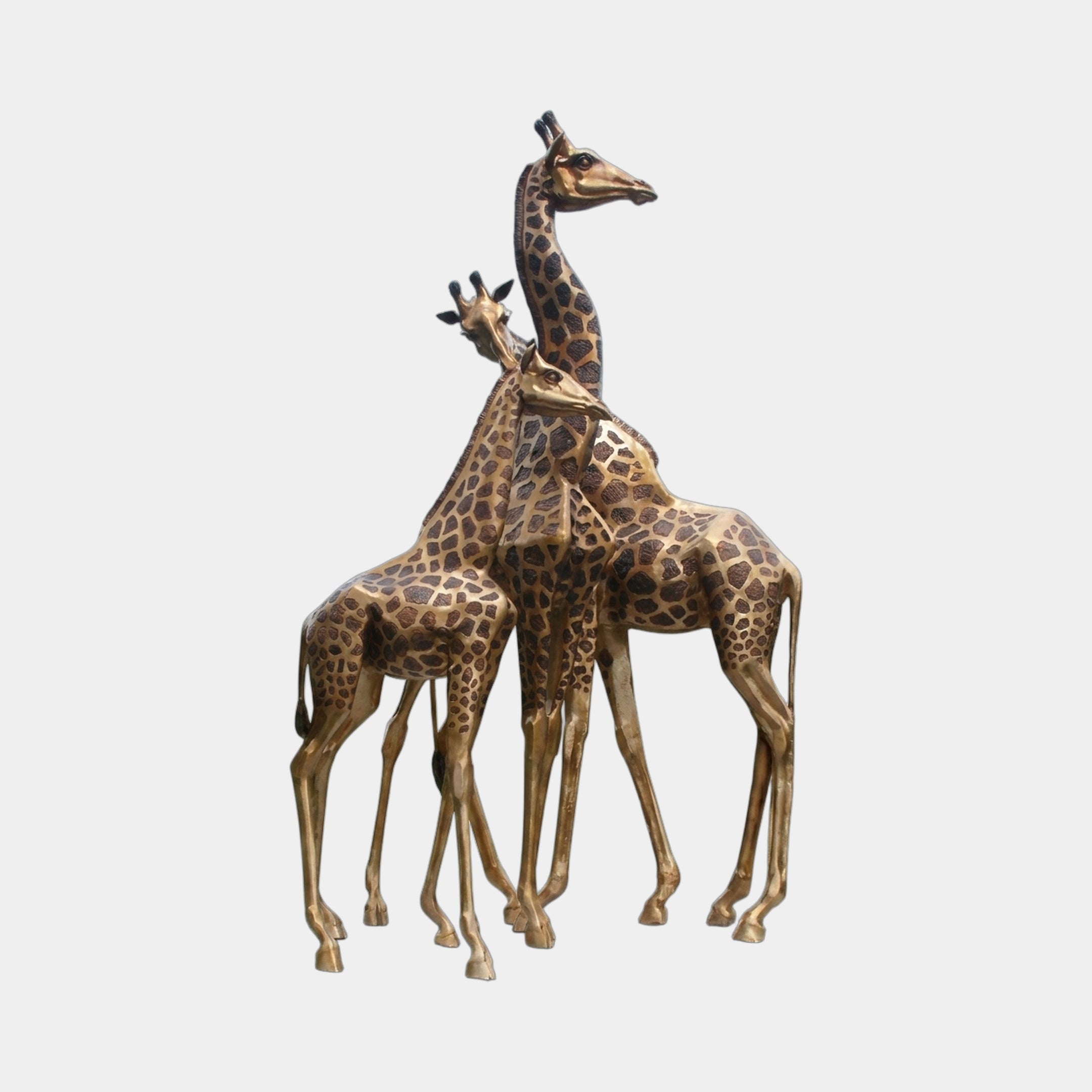 Monumental Life-Size Giraffe Herd Bronze Sculpture by Giant Sculptures, three clustered giraffes in golden-amber with dark spots, shown on a plain background.