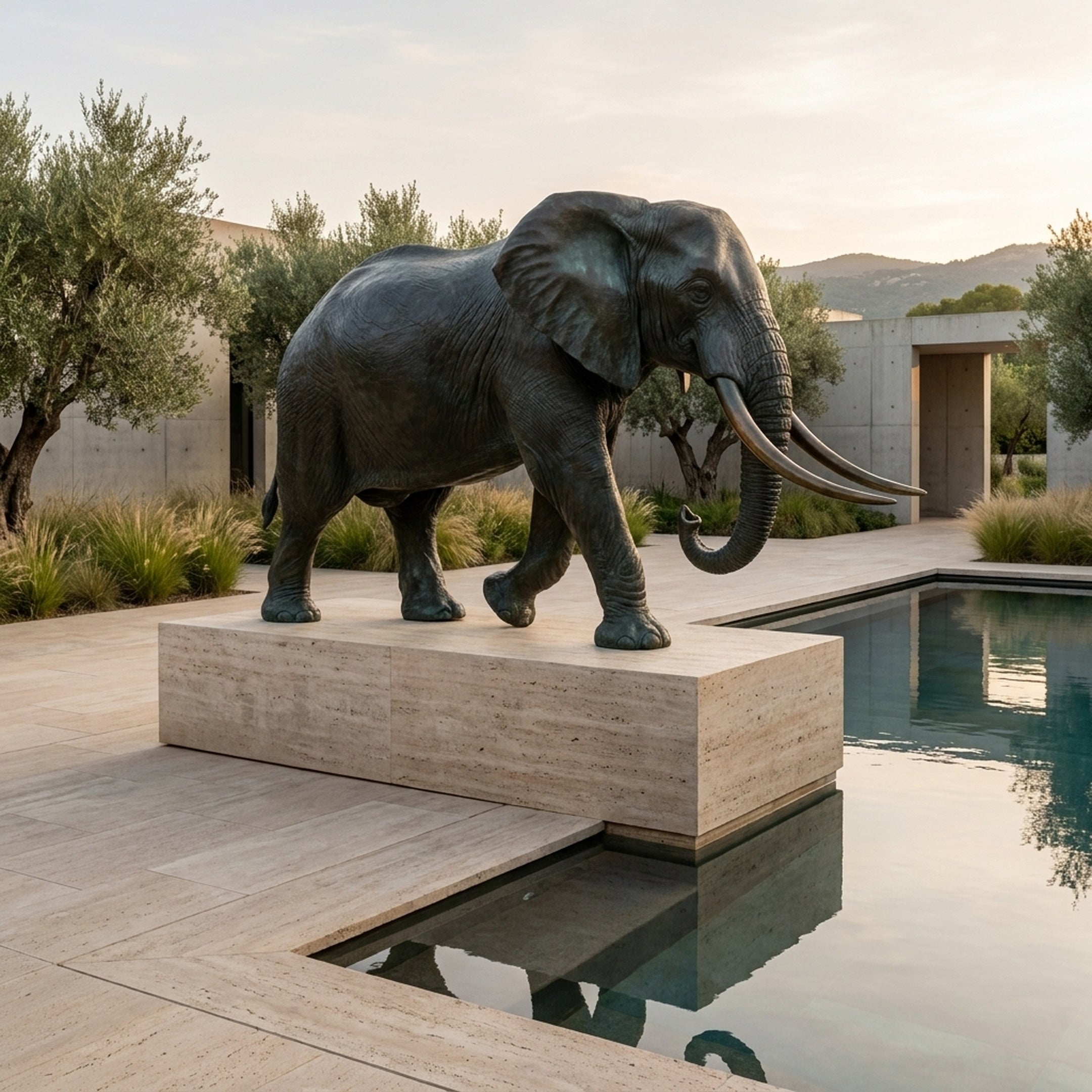 Monumental Life-Size Walking Elephant Bronze Sculpture by Giant Sculptures on a travertine plinth beside a reflecting pool with olive trees and hills behind.