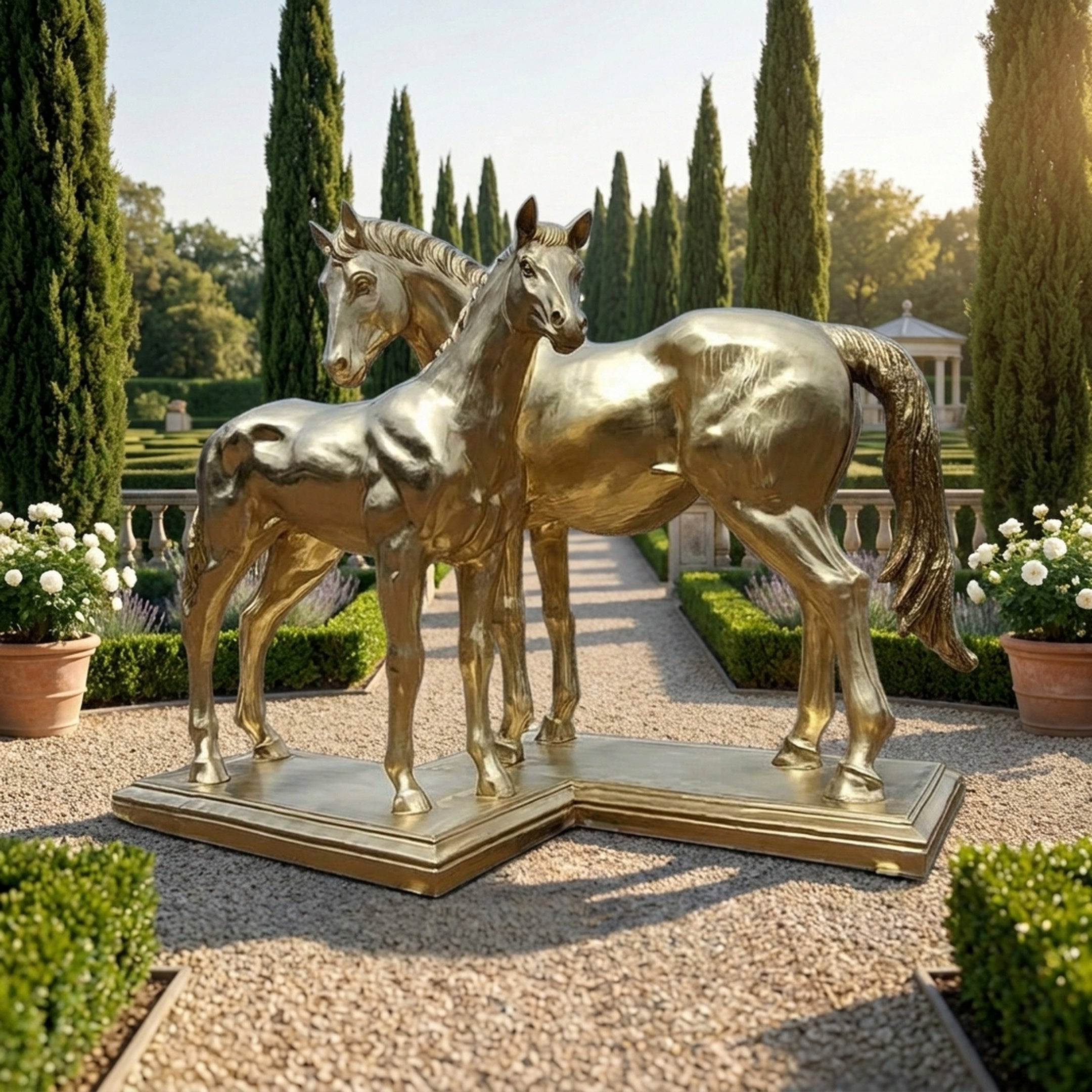 Monumental Mare and Foal Bronze Sculpture by Giant Sculptures in polished gold, two horses on a shared plinth in a cypress-lined formal garden.