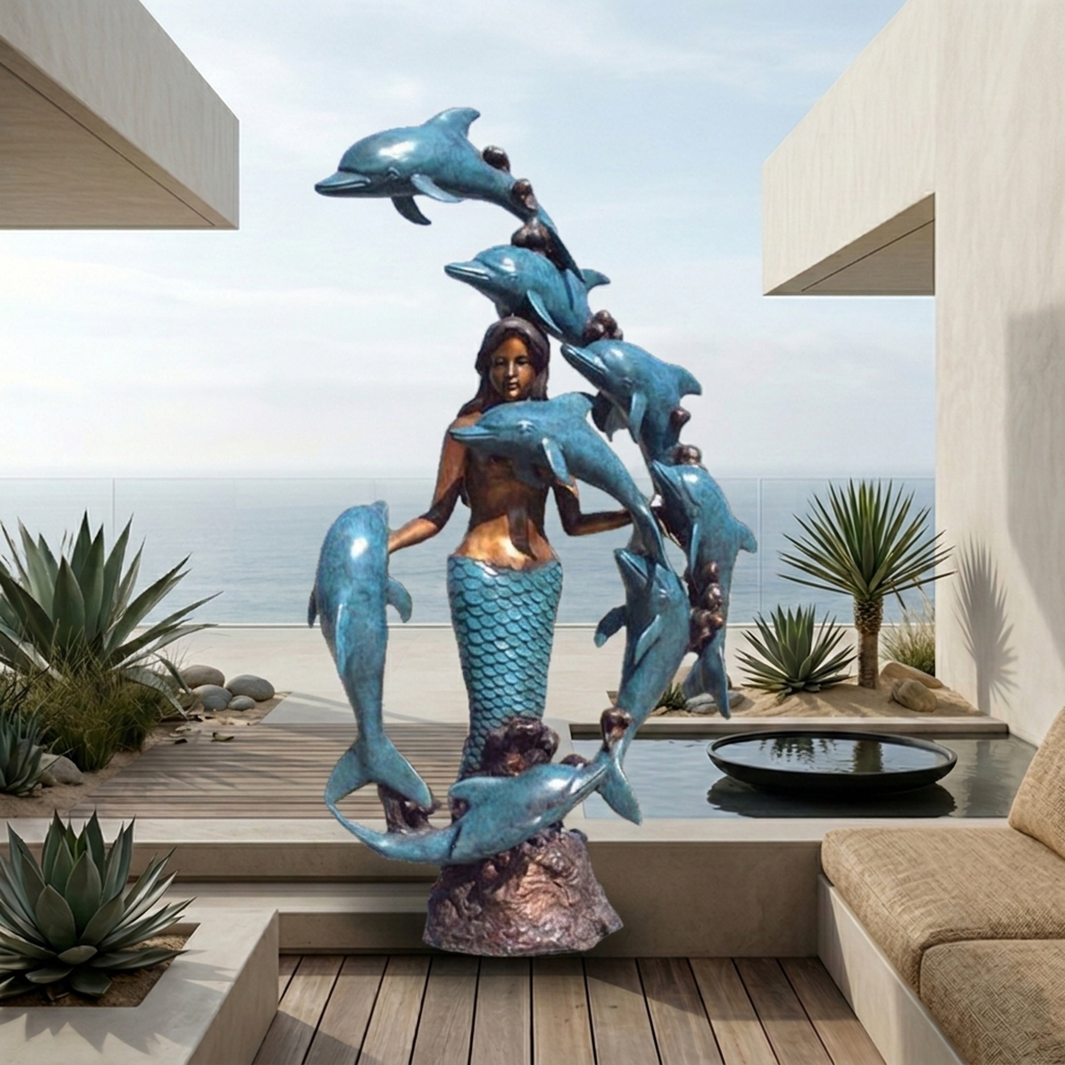 Giant Sculptures Monumental Mermaid and Leaping Dolphins Bronze Sculpture in verdigris and brown patina on a coastal terrace beside a reflecting pool.