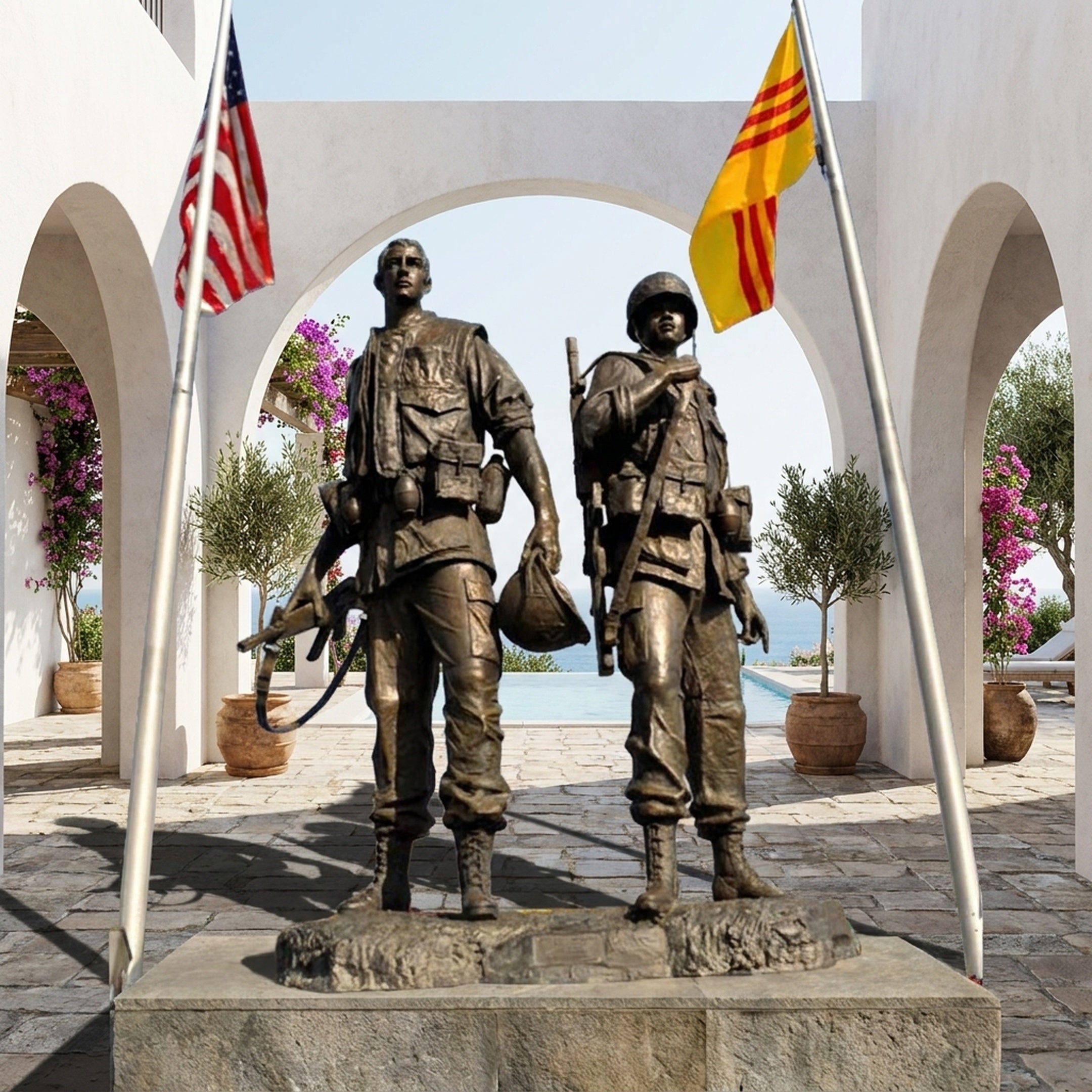Giant Sculptures Monumental Military Soldiers Bronze Sculpture 300cm, two soldiers in combat gear on a rocky base, framed by US and South Vietnamese flags.