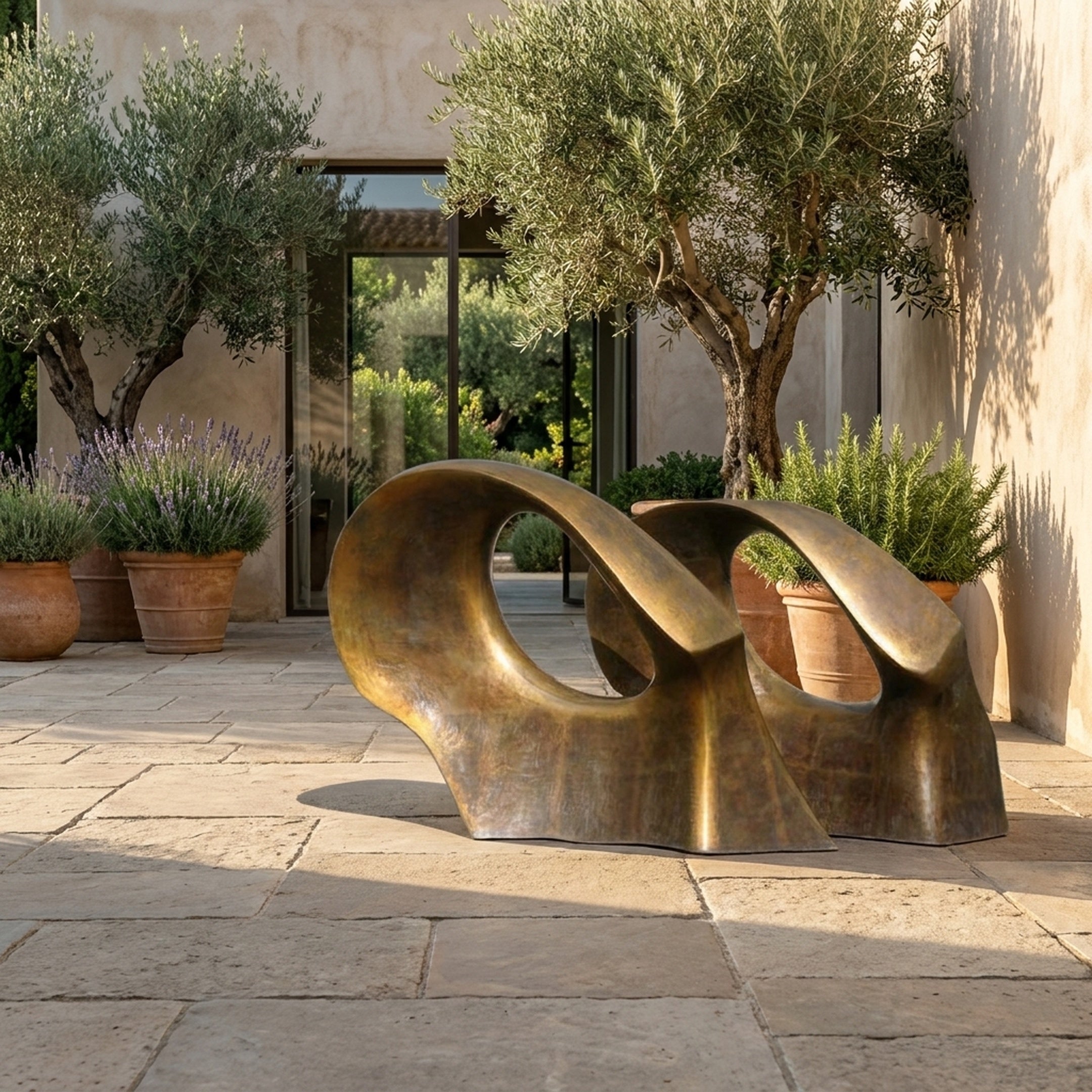 Monumental Modern Abstract Arch Bronze Sculpture by Giant Sculptures with golden-brown patina, displayed on a stone courtyard with olive trees and lavender.