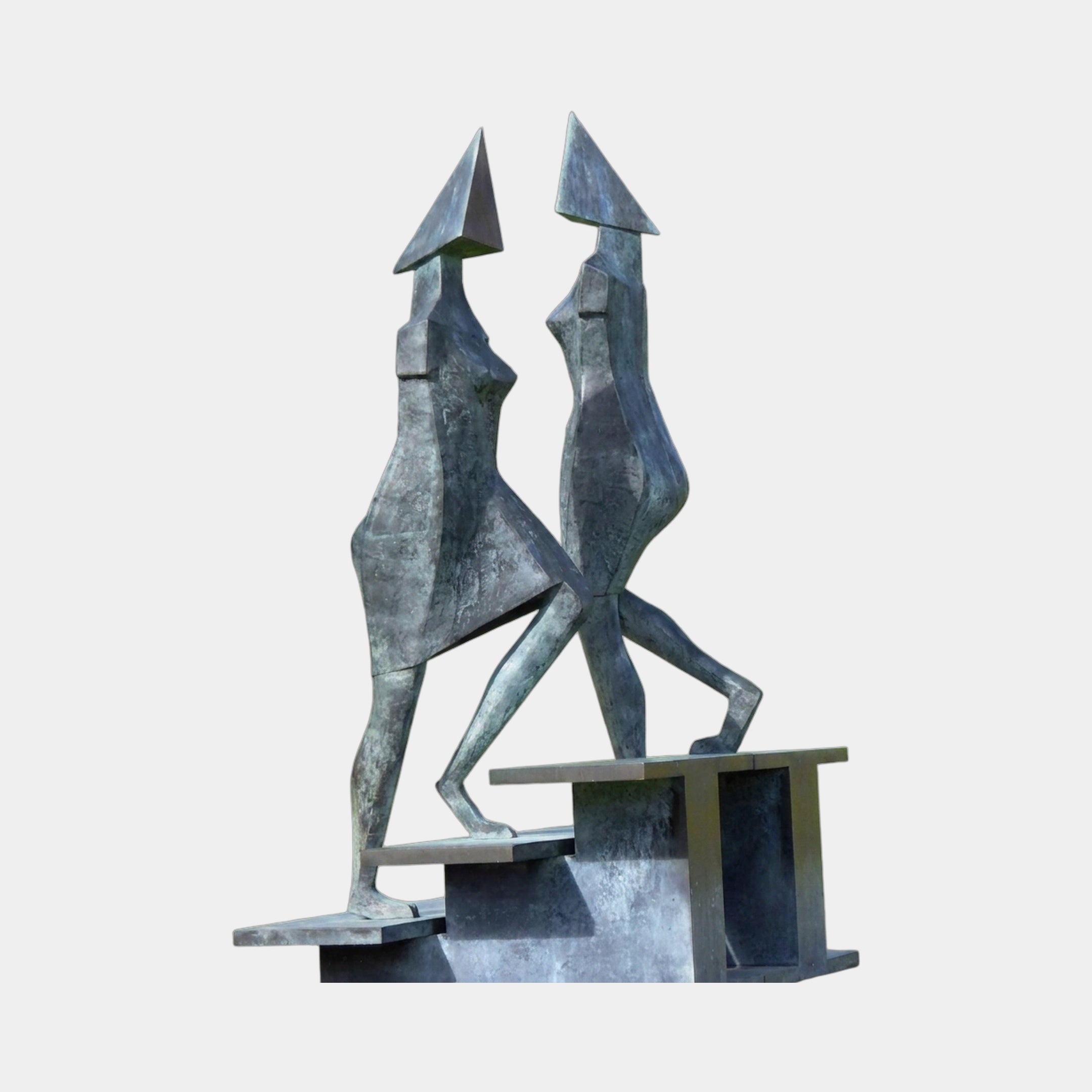 Monumental Modern Abstract Duo Bronze Sculpture by Giant Sculptures, two angular figures with conical heads on an integrated stepped plinth, dark patina.
