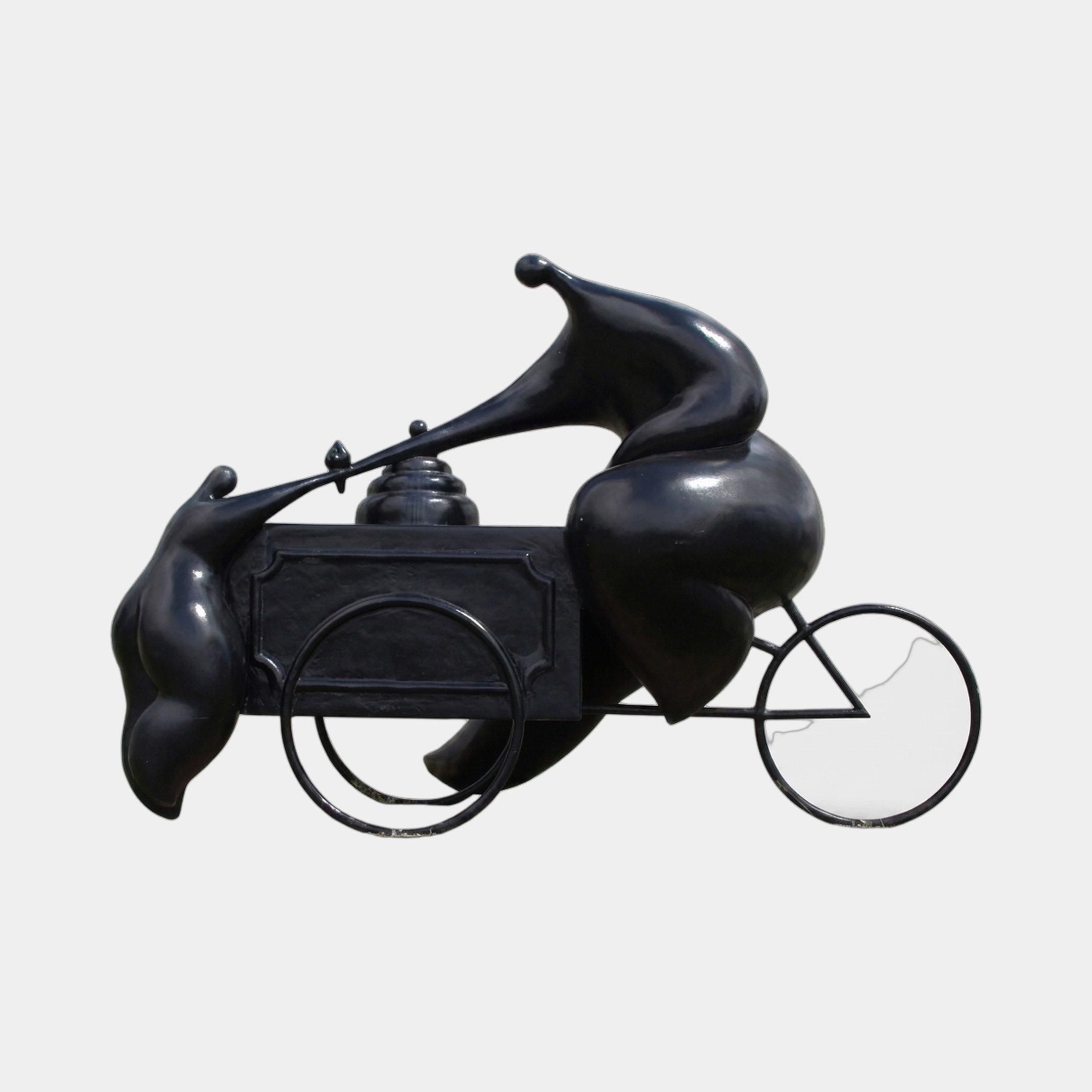 Giant Sculptures' Monumental Modern Abstract Figure and Ice Cream Cart Bronze Sculpture in black patina, side view with biomorphic forms over a wheeled cart.