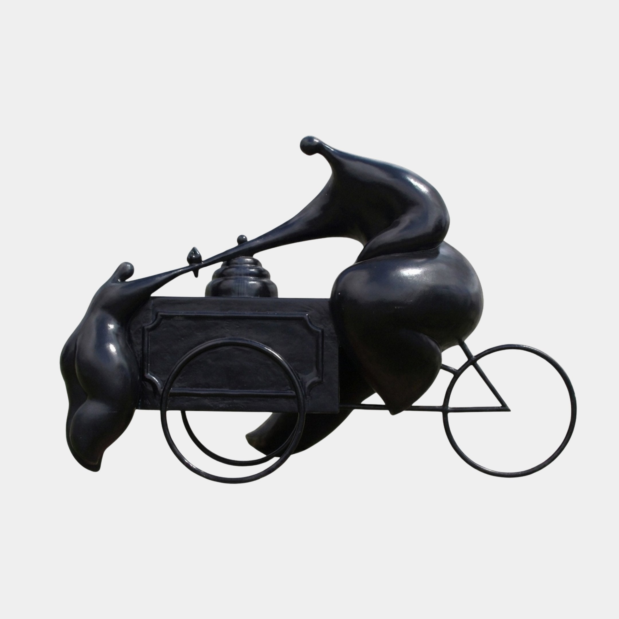 Giant Sculptures Monumental Modern Abstract Figure and Ice Cream Cart Bronze Sculpture in black patina, side view with bulbous forms and thin wheels, on white.
