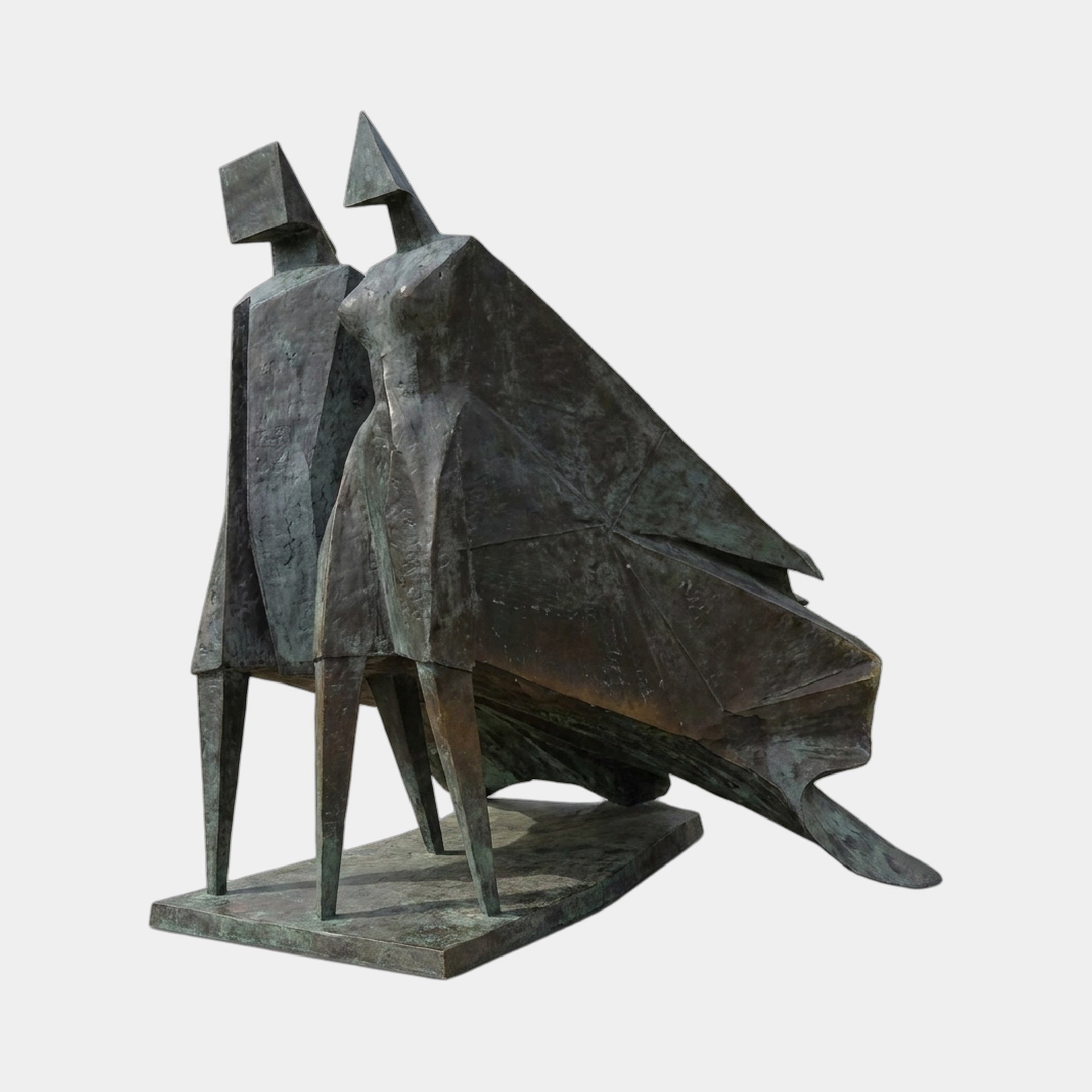 Monumental Modern Abstract Geometric Figures Bronze Sculpture by Giant Sculptures, two angular figures with blocky heads and a sweeping cape-like drape, dark verdigris patina.