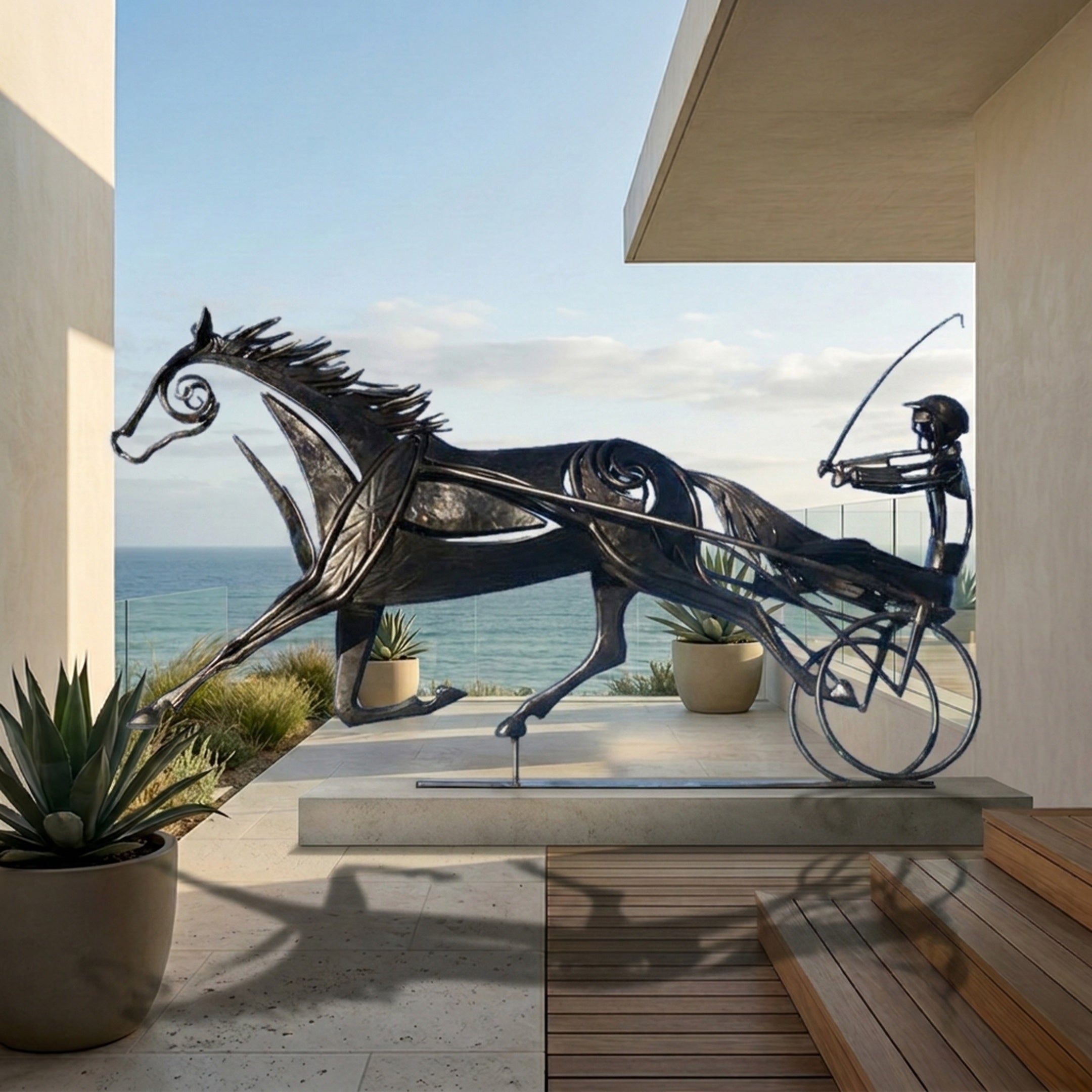Monumental Modern Abstract Harness Racing Horse and Sulky Bronze Sculpture by Giant Sculptures in blackened patina, displayed on a seaside terrace with ocean views.