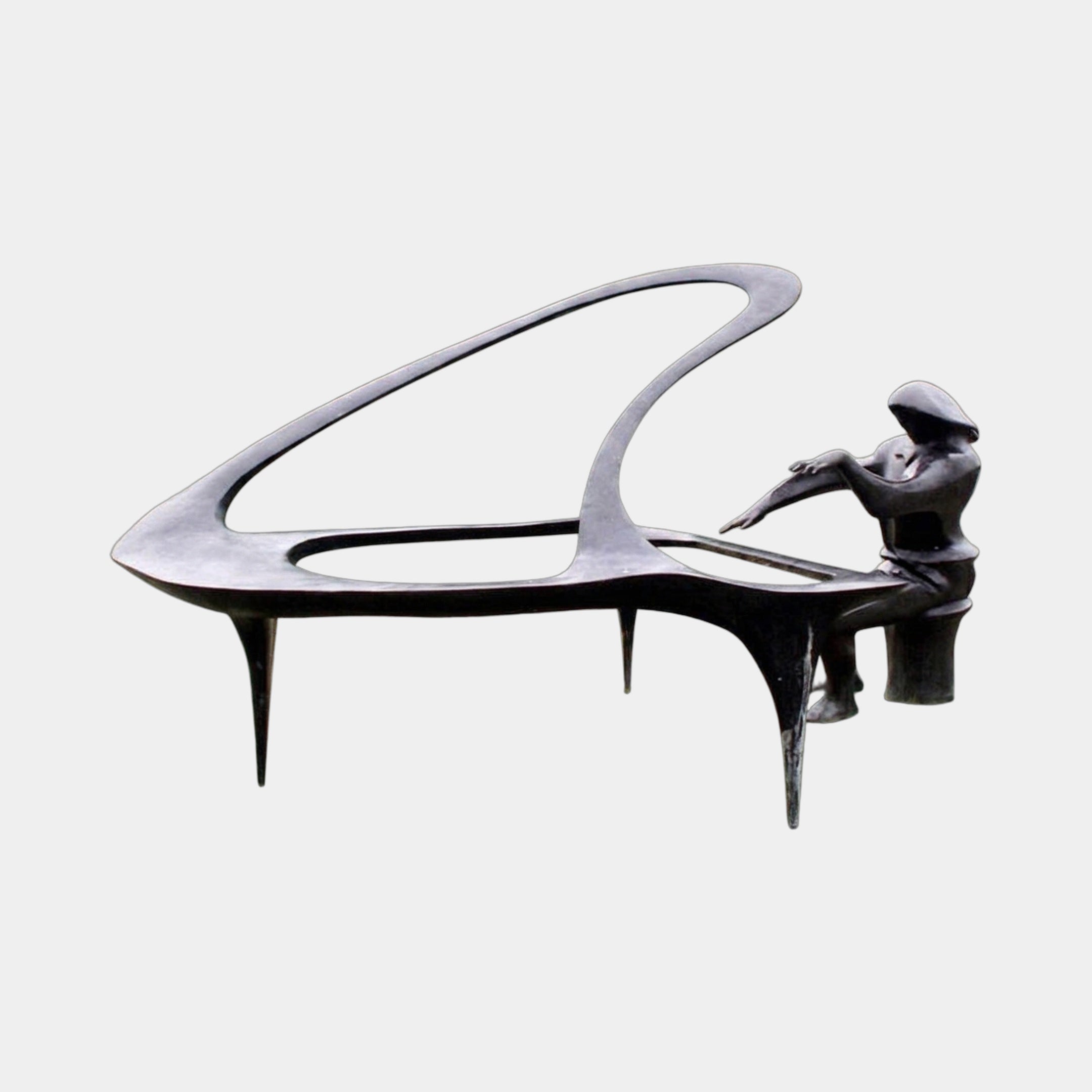 Monumental Modern Abstract Piano and Figure Bronze Sculpture by Giant Sculptures, 220cm, dark patina figure seated at an open grand piano form on a light background.