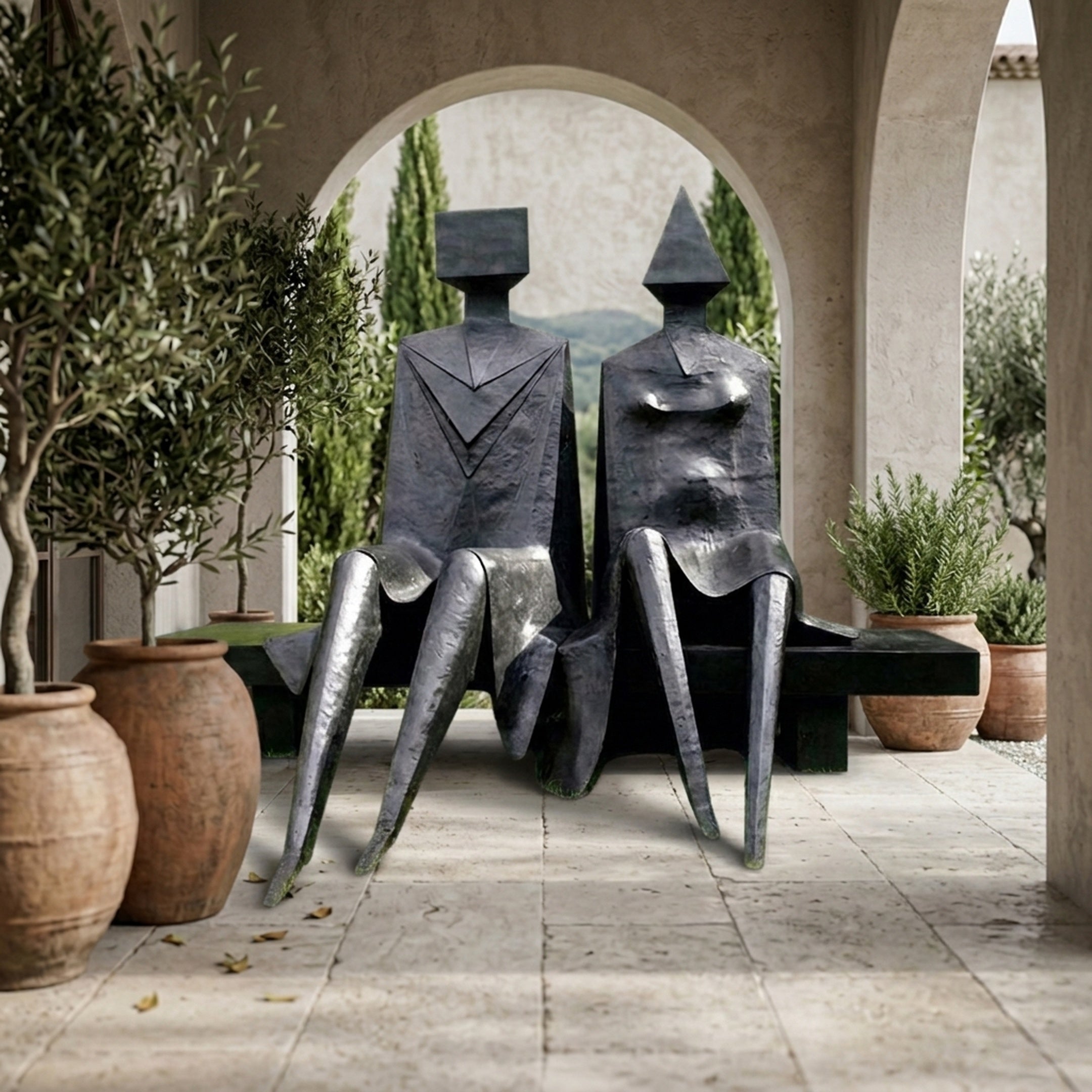 Monumental Modern Abstract Seated Figures Bronze Sculpture by Giant Sculptures, two 220cm dark patinated figures on a bench beneath a stone archway with olive trees.