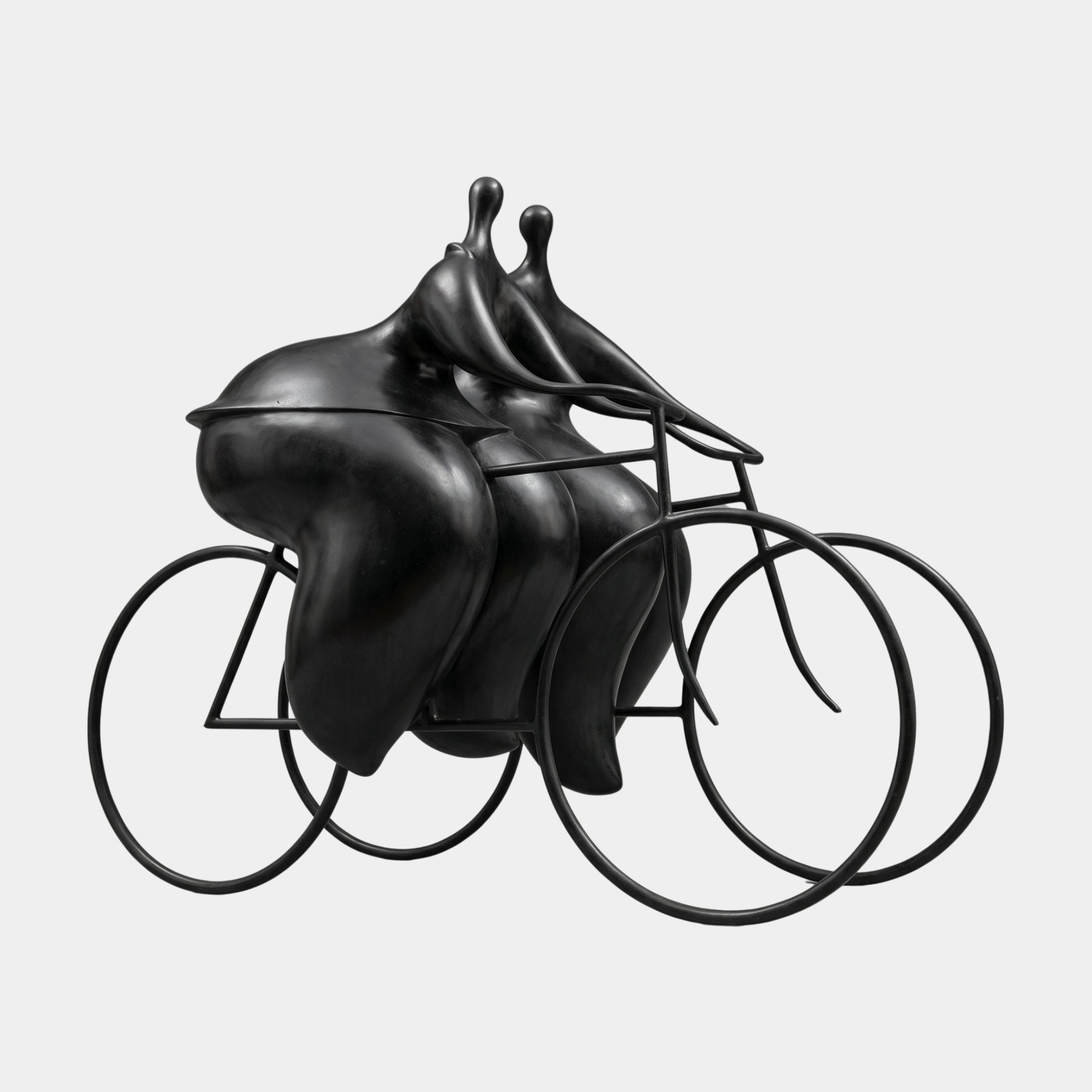 Monumental Modern Abstract Tandem Riders Bronze Sculpture by Giant Sculptures, 250cm, two bulbous black figures on a slim bicycle frame, plain background.