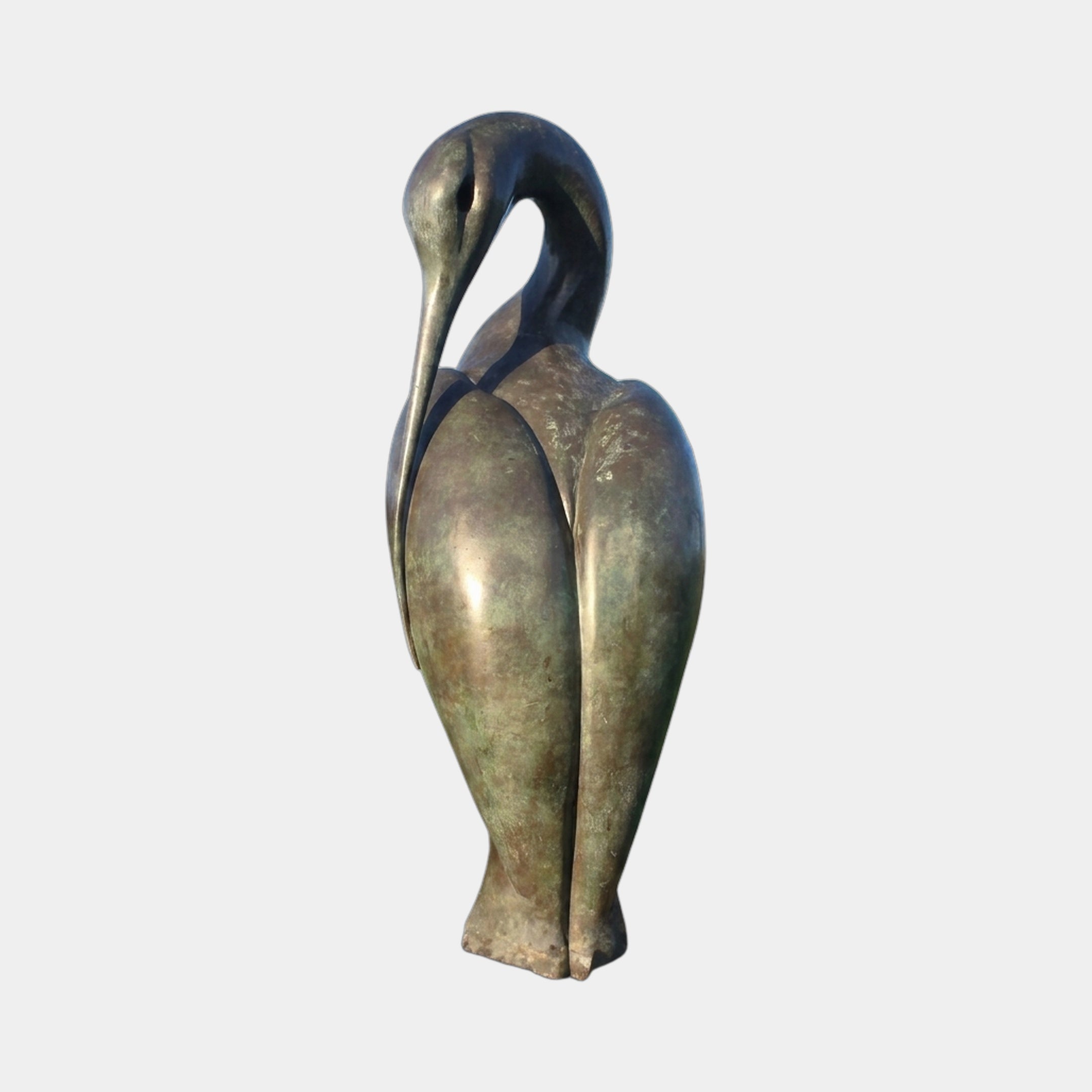 Monumental Modern Crane Bird Bronze Sculpture by Giant Sculptures, neck curved downward with beak near torso, green-brown patina finish, shown on a plain background.