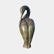 Monumental Modern Crane Bird Bronze Sculpture by Giant Sculptures, neck curved downward with beak near torso, green-brown patina finish, shown on a plain background.