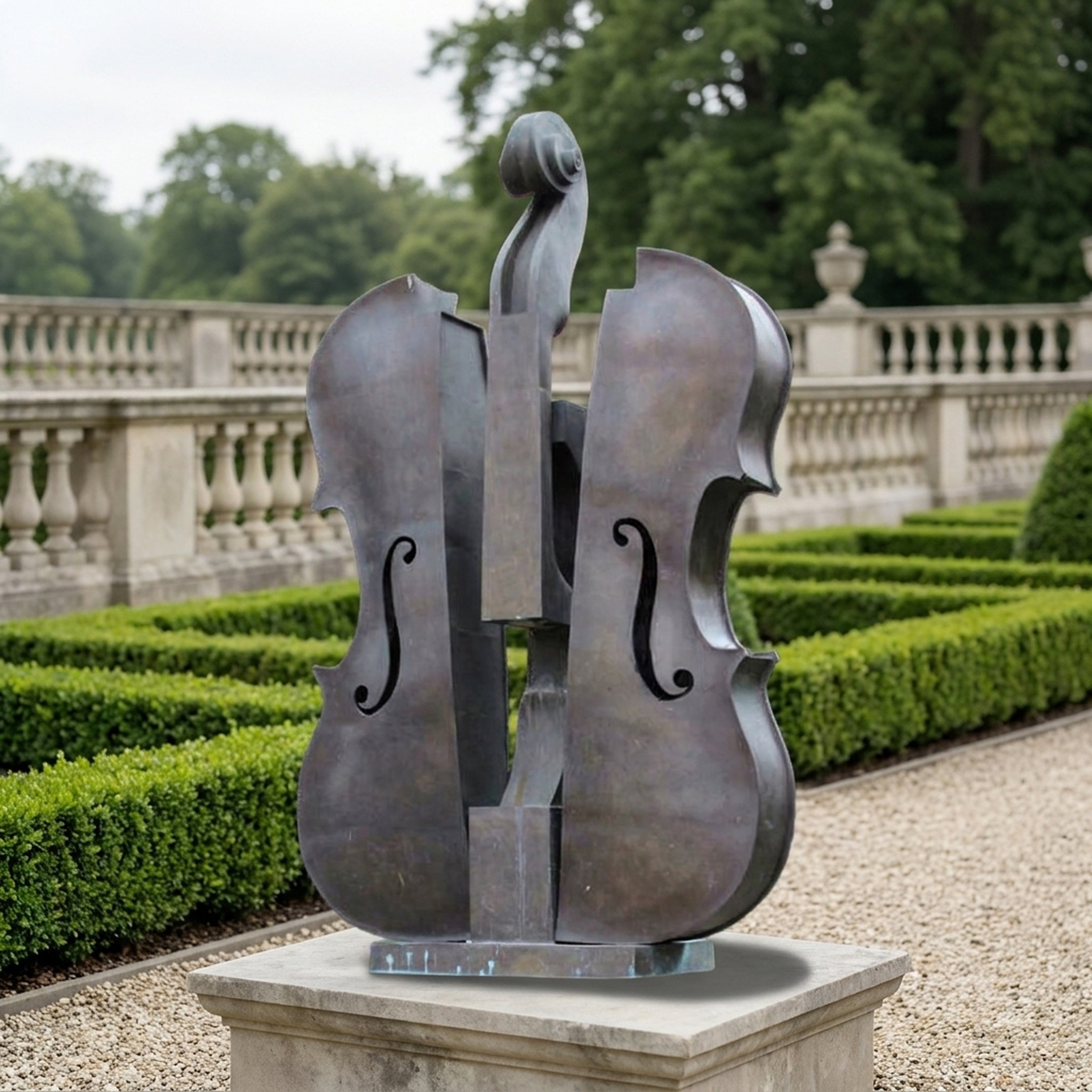 Monumental Modern Double Bass Bronze Sculpture by Giant Sculptures, two overlapping violin forms with scroll detail, on a stone plinth in a formal garden.