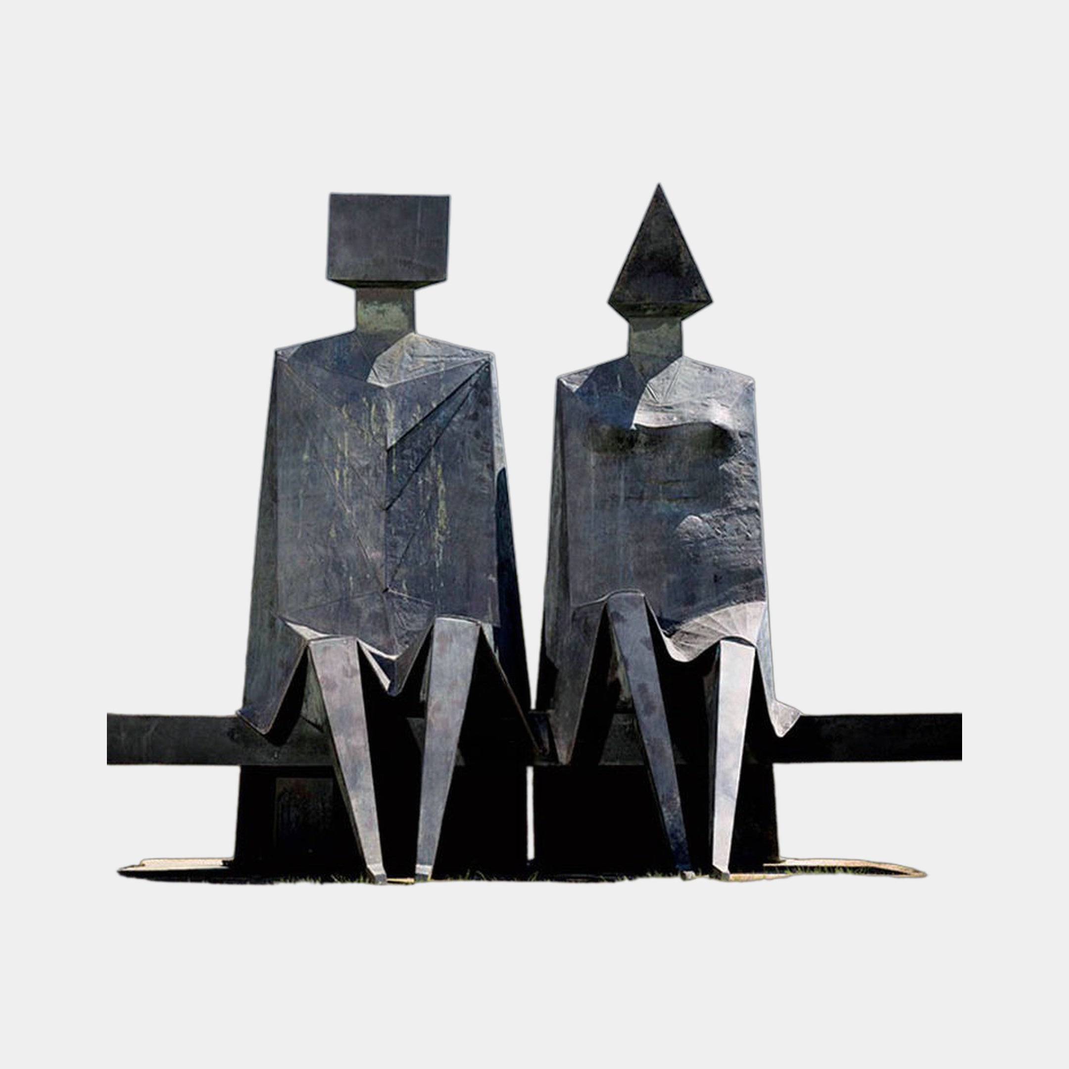 Monumental Modern Geometric Seated Figures Bronze Sculpture by Giant Sculptures, two faceted patinated bronze figures with cube and pyramid heads, seated side by side.