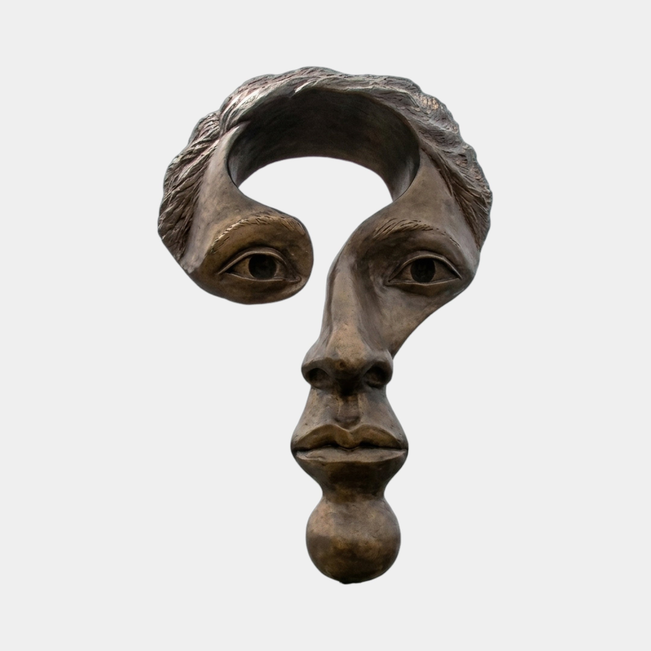 Giant Sculptures Monumental Modern Question Mark Face Bronze Sculpture 300cm, front view with hand-finished brown patina forming a face within a question mark, on plain background.