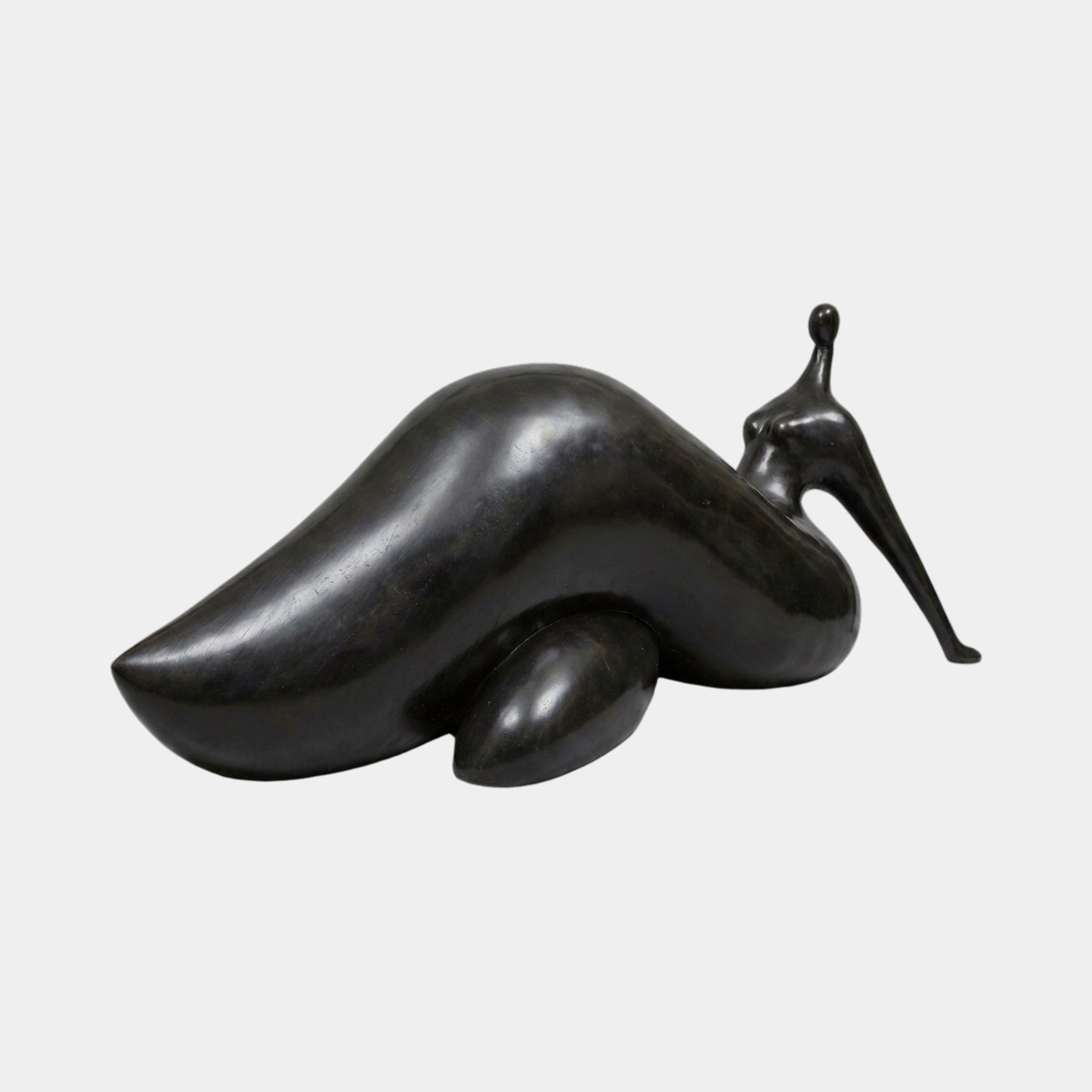 Monumental Modern Reclining Female Figure Bronze Sculpture by Giant Sculptures, dark patina abstract form with massive curved body and slender elongated head.