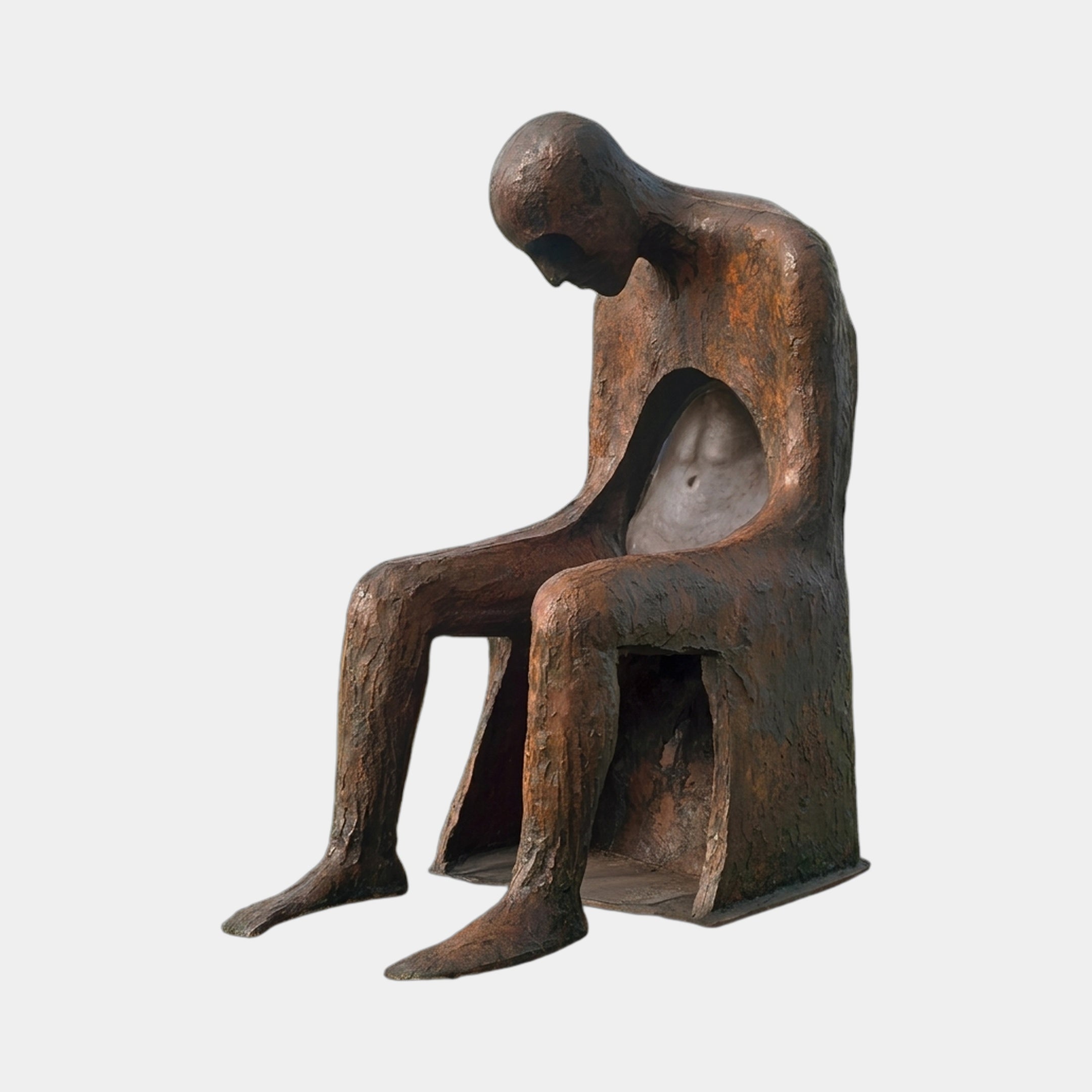 Monumental Modern Seated Figure with Hollow Torso Bronze Sculpture by Giant Sculptures, 220cm, shown seated and leaning forward with a pale hollow torso void.