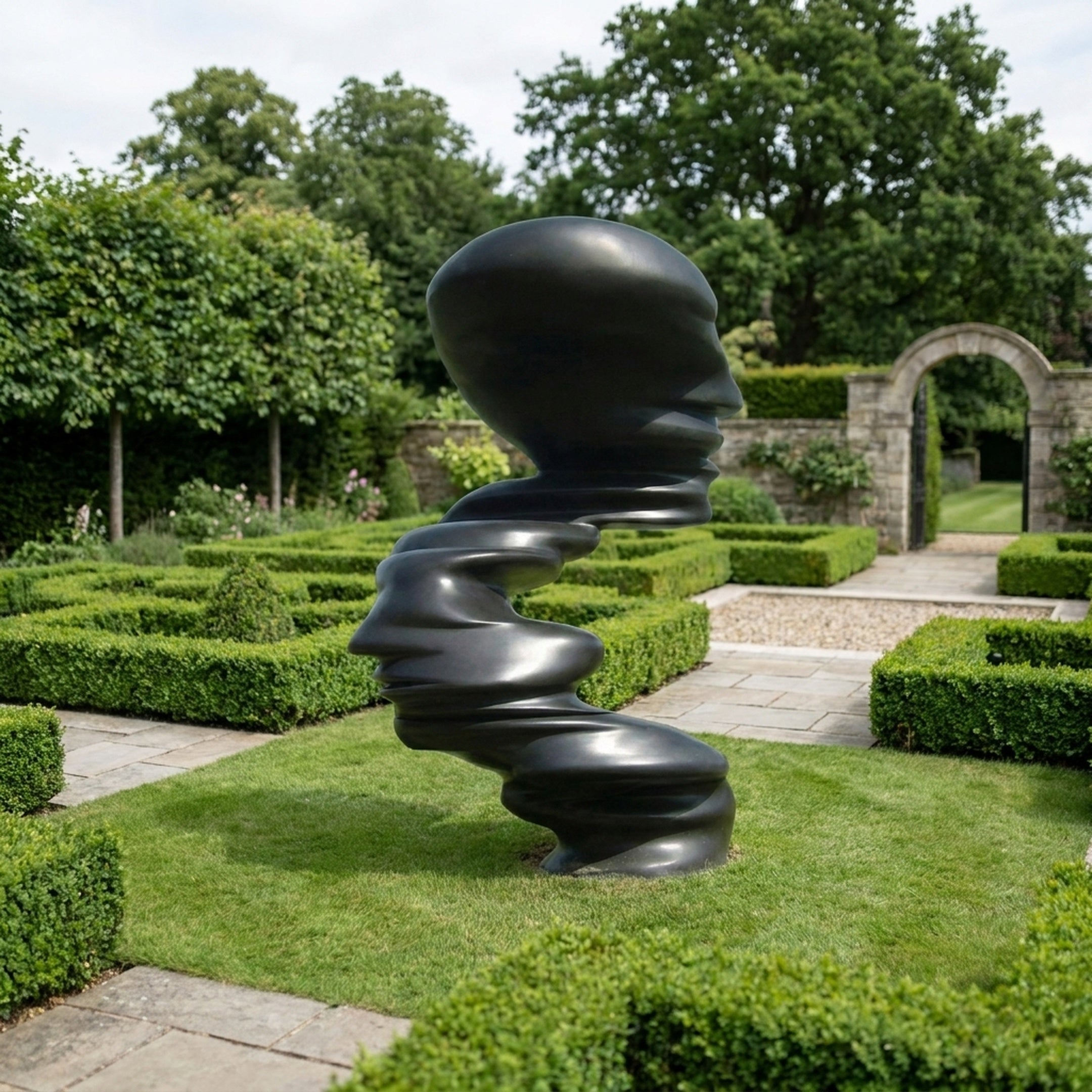 Monumental Modern Spiralling Head Bronze Sculpture by Giant Sculptures in matte black, displayed on a lawn within a formal hedged garden with a stone archway.