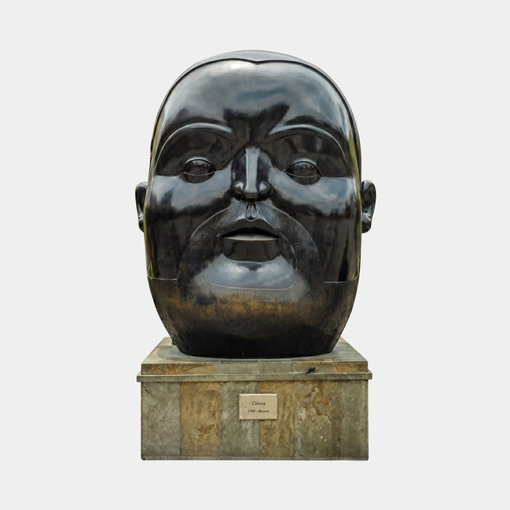 Monumental Oversized Human Head Bronze Sculpture by Giant Sculptures in high-gloss black patina, front view on a low stone plinth against a plain background.