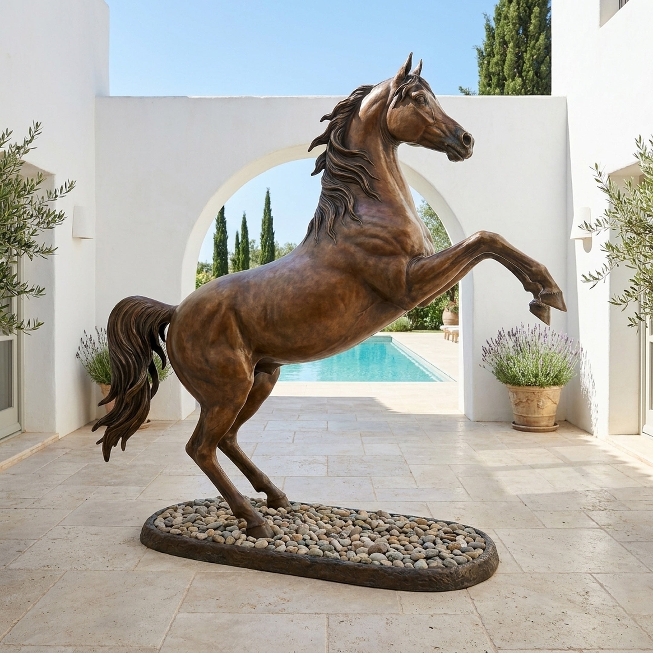 Monumental Rearing Arabian Horse Bronze Sculpture by Giant Sculptures, 260cm, warm brown patina, on a pebble-dressed oval base in a sunlit poolside courtyard.