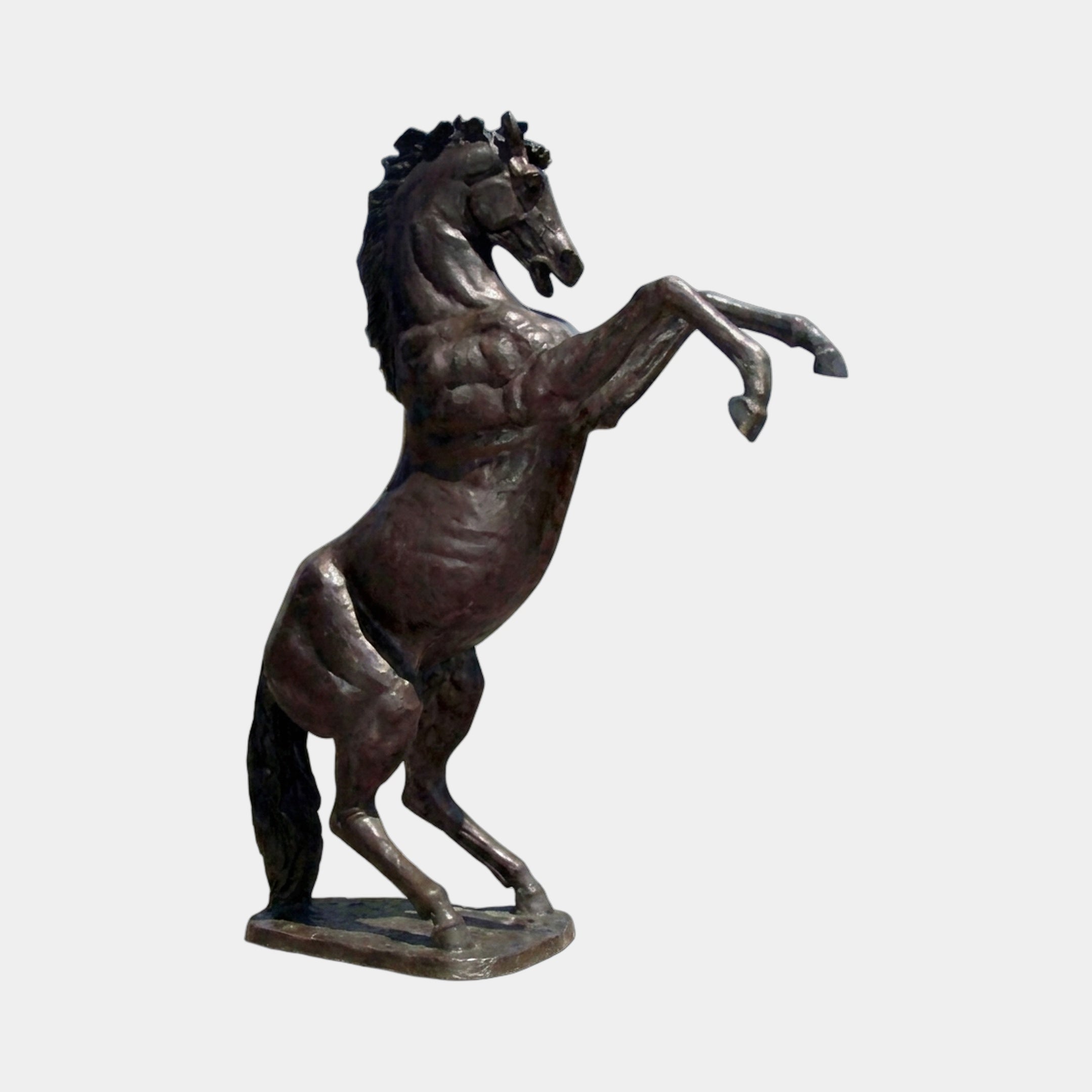 Monumental Rearing Horse Bronze Sculpture by Giant Sculptures shown from the side with dark brown patina, mane flowing and front hooves raised on a plain background.