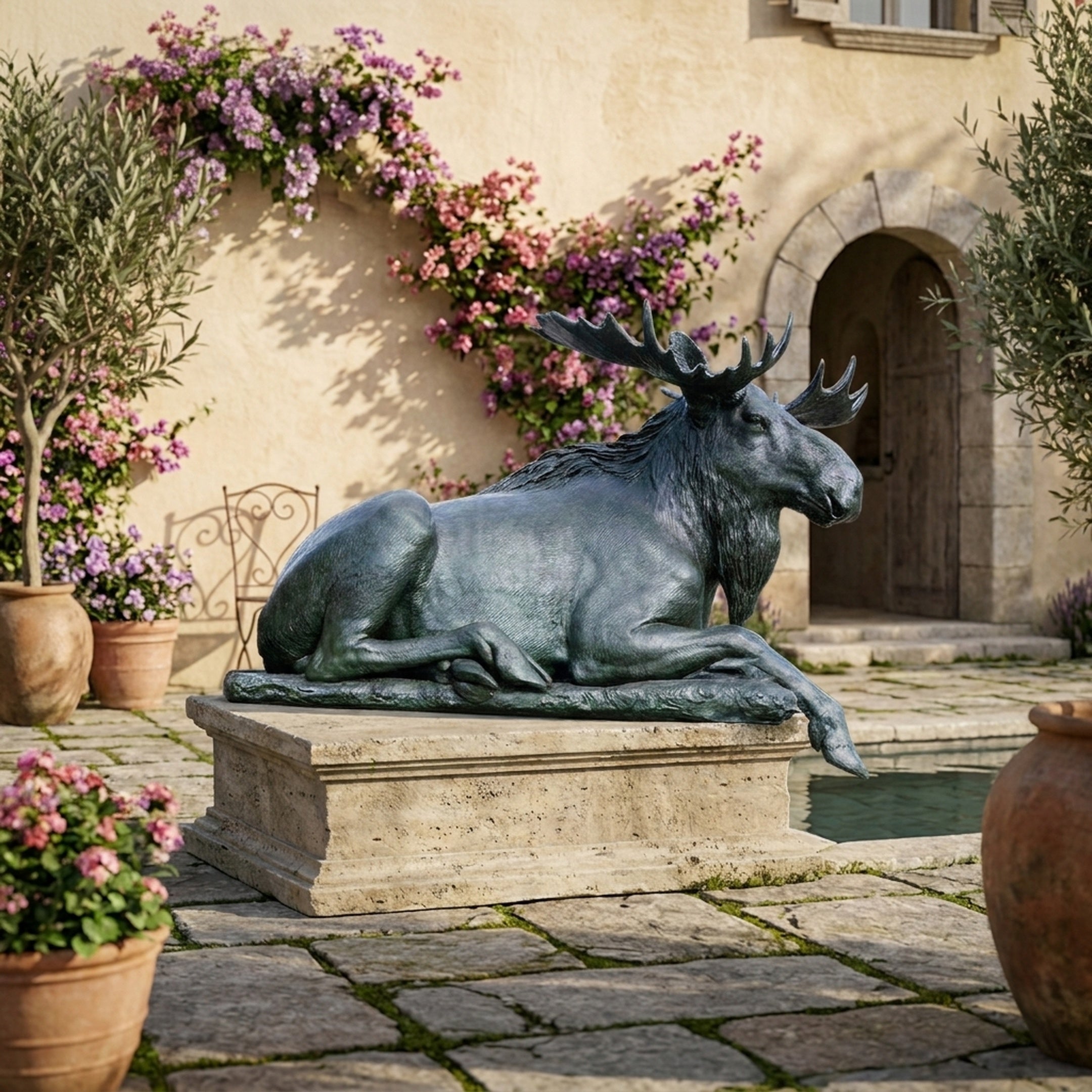 Monumental Reclining Moose Bronze Sculpture by Giant Sculptures with green-black patina on a granite plinth, displayed in a Mediterranean courtyard beside a pool.