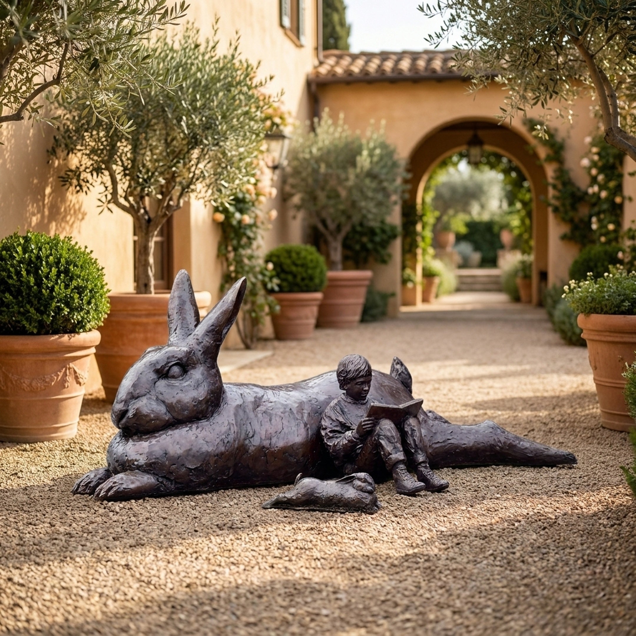 Monumental Reclining Rabbit and Child Reading Bronze Sculpture by Giant Sculptures, dark patina, in a Tuscan gravel courtyard with olive trees and terracotta pots.