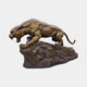 Monumental Roaring Panther Bronze Sculpture by Giant Sculptures shown in side view, crouched mid-roar on an integral rocky base with warm golden-brown patina.