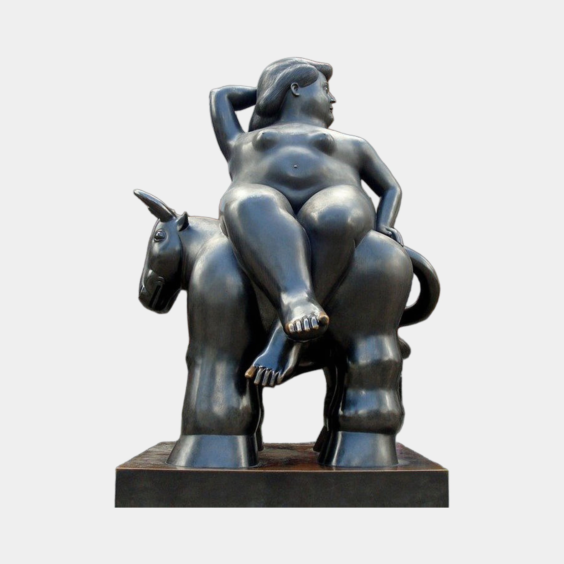 Monumental Rotund Nude Figure and Donkey Bronze Sculpture by Giant Sculptures, 300cm, voluptuous female seated sideways on a donkey with black-brown patina.